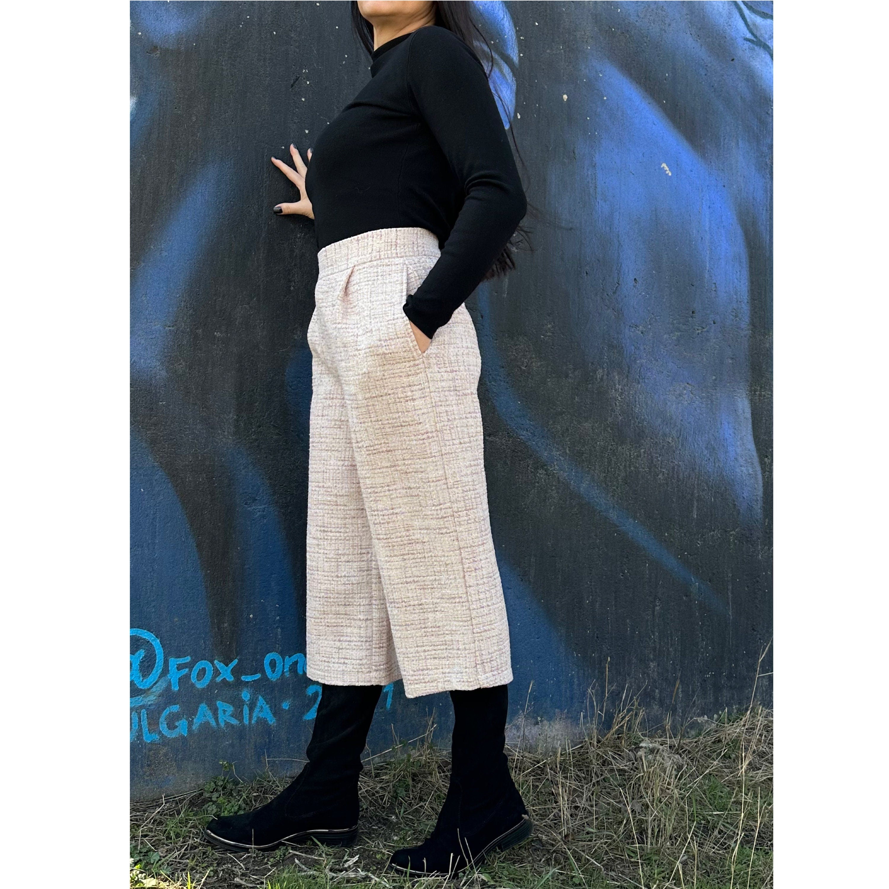 High Waist Beige Culottes: Wide Leg Cropped Pants