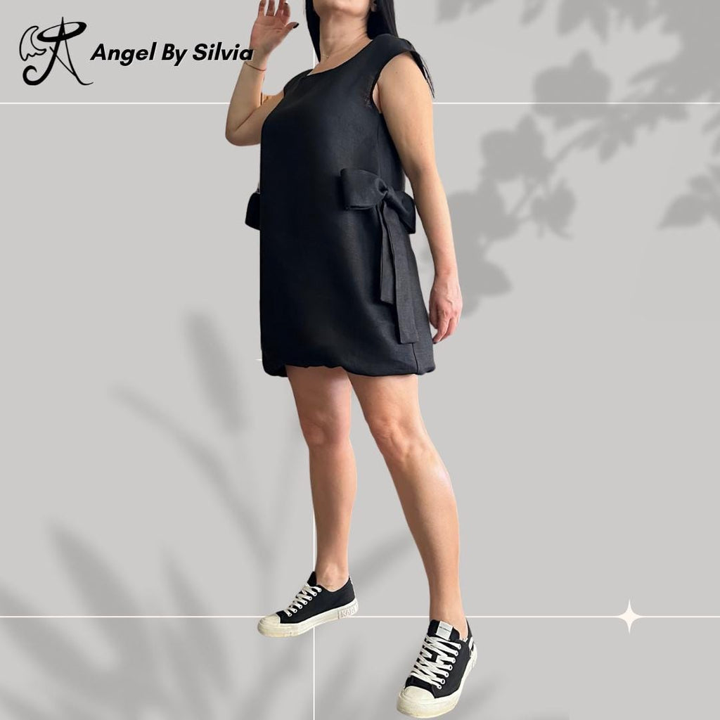 Black Linen Dress – Sleeveless Minimalist Tunic with Side Bows / Women’s Summer Shift Dress