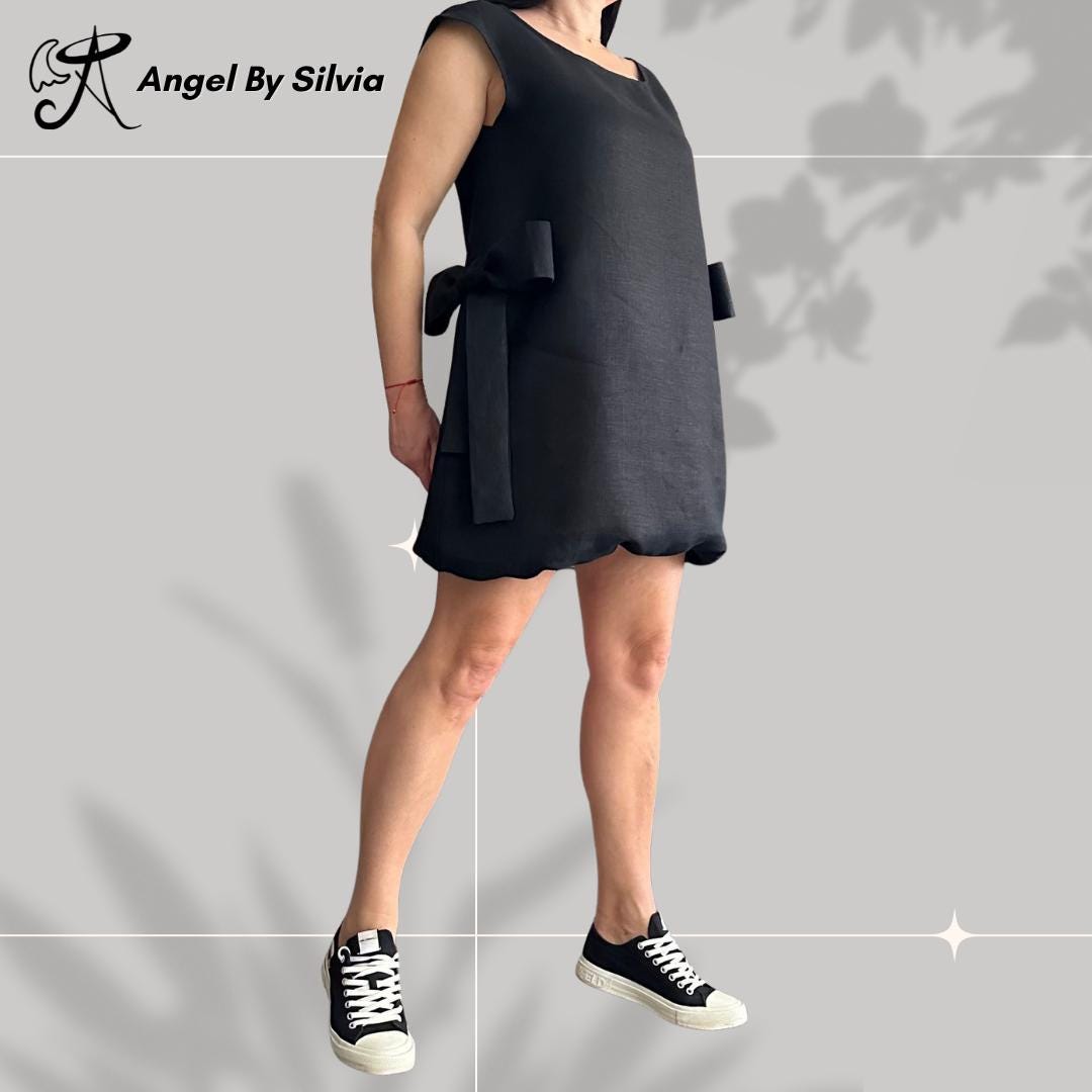 Black Linen Dress – Sleeveless Minimalist Tunic with Side Bows / Women’s Summer Shift Dress