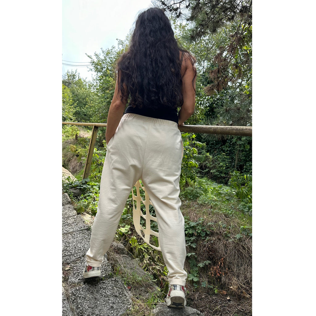 Hand-Cut Cotton Sweatpants – Artistic Grid Design with Elastic Waist and Pockets