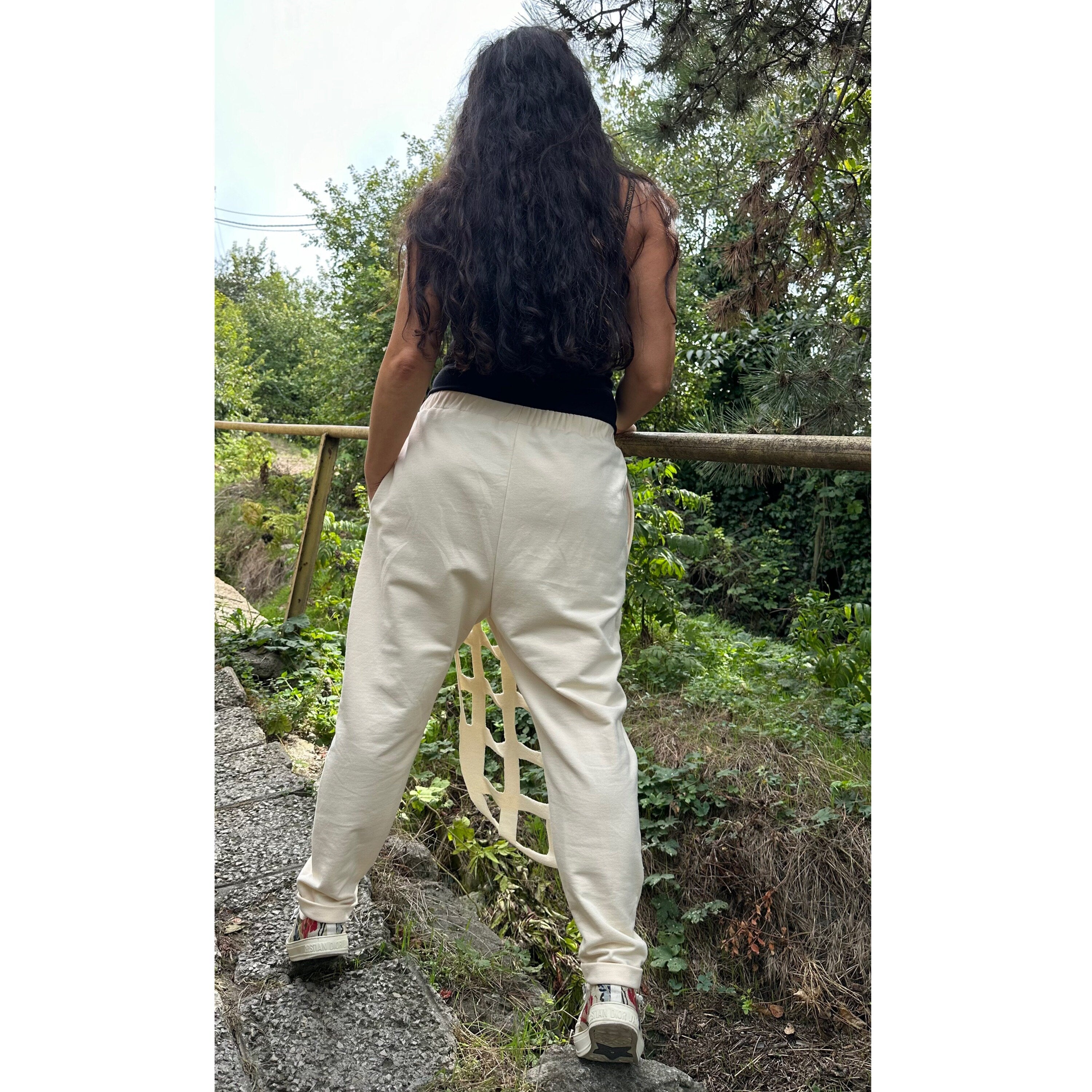 Hand-Cut Cotton Sweatpants – Artistic Grid Design with Elastic Waist and Pockets