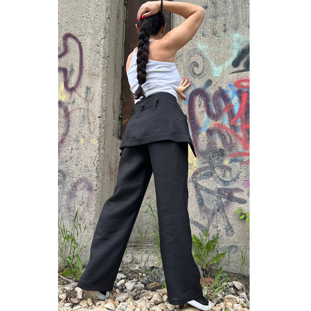 Black Linen High-Waisted Pants with Removable Overlay Skirt – Wide-Leg Trousers with Pockets