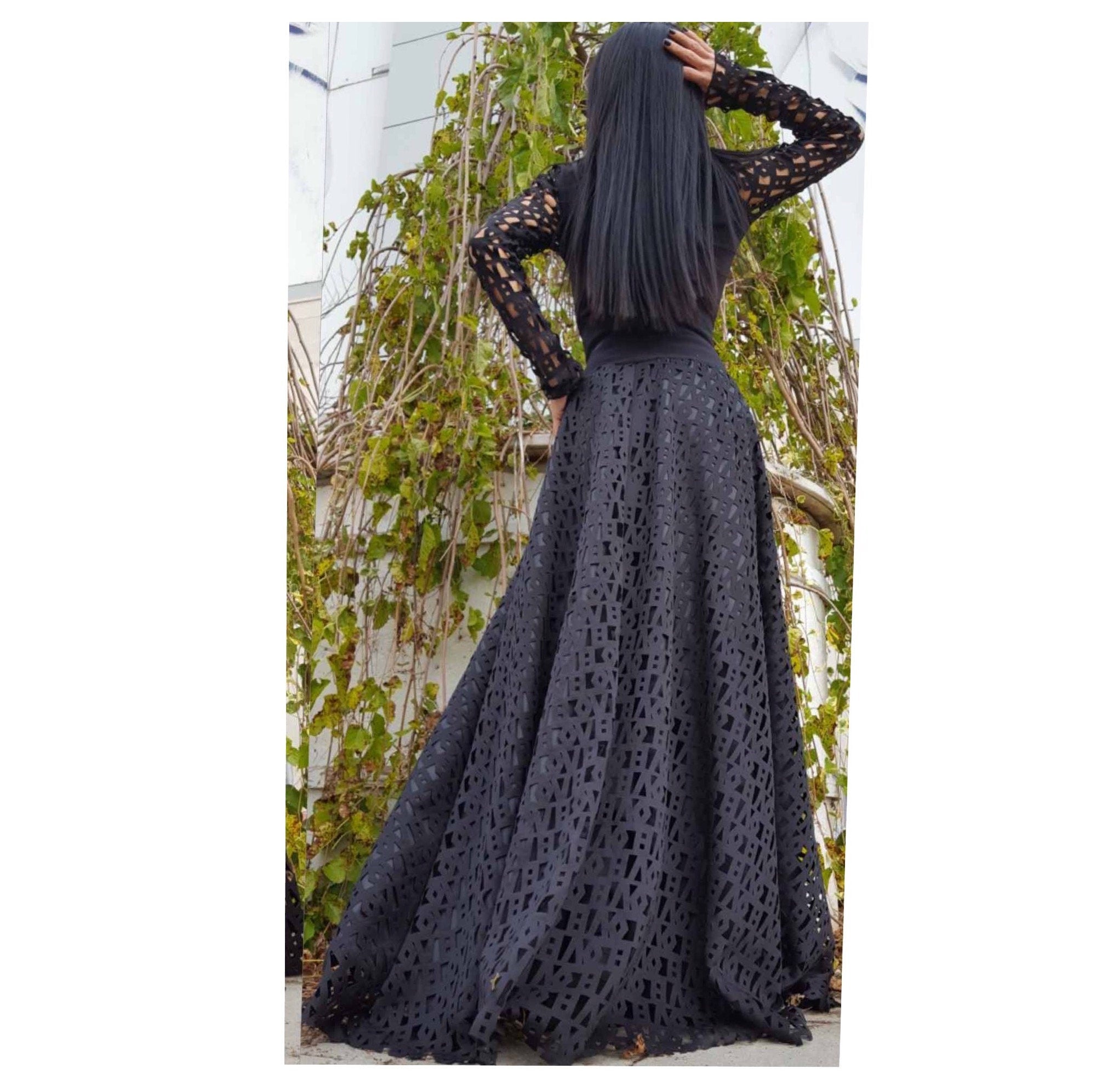 Black Neoprene Maxi Skirt – High Waist Flared Skirt with Elastic Waistband / Laser-Cut Pattern /Gothic Elegant A-Line Skirt