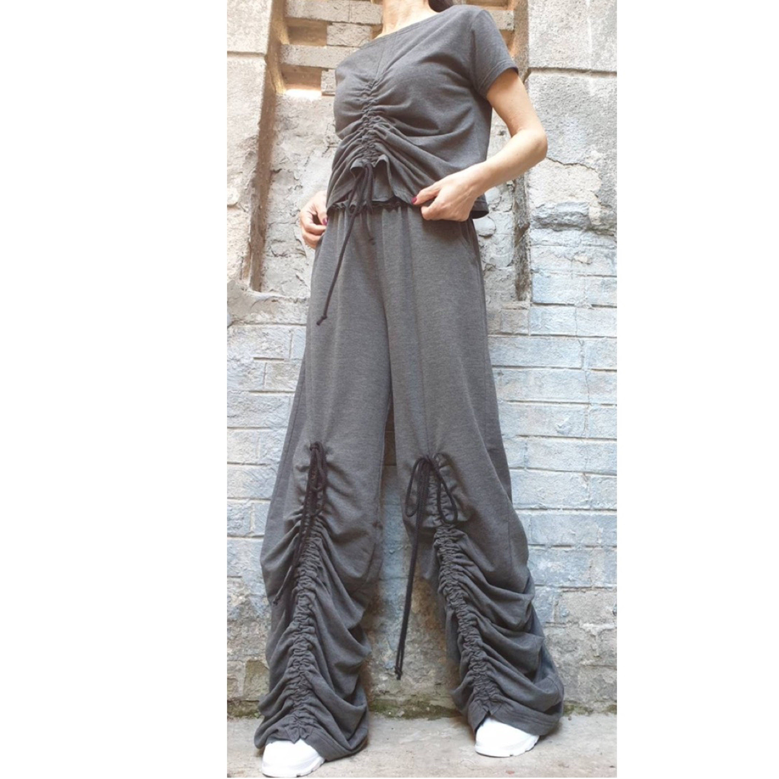 Avant-Garde Wide Leg Pants – Dark Grey Ruched Trousers with High Waist & Pockets