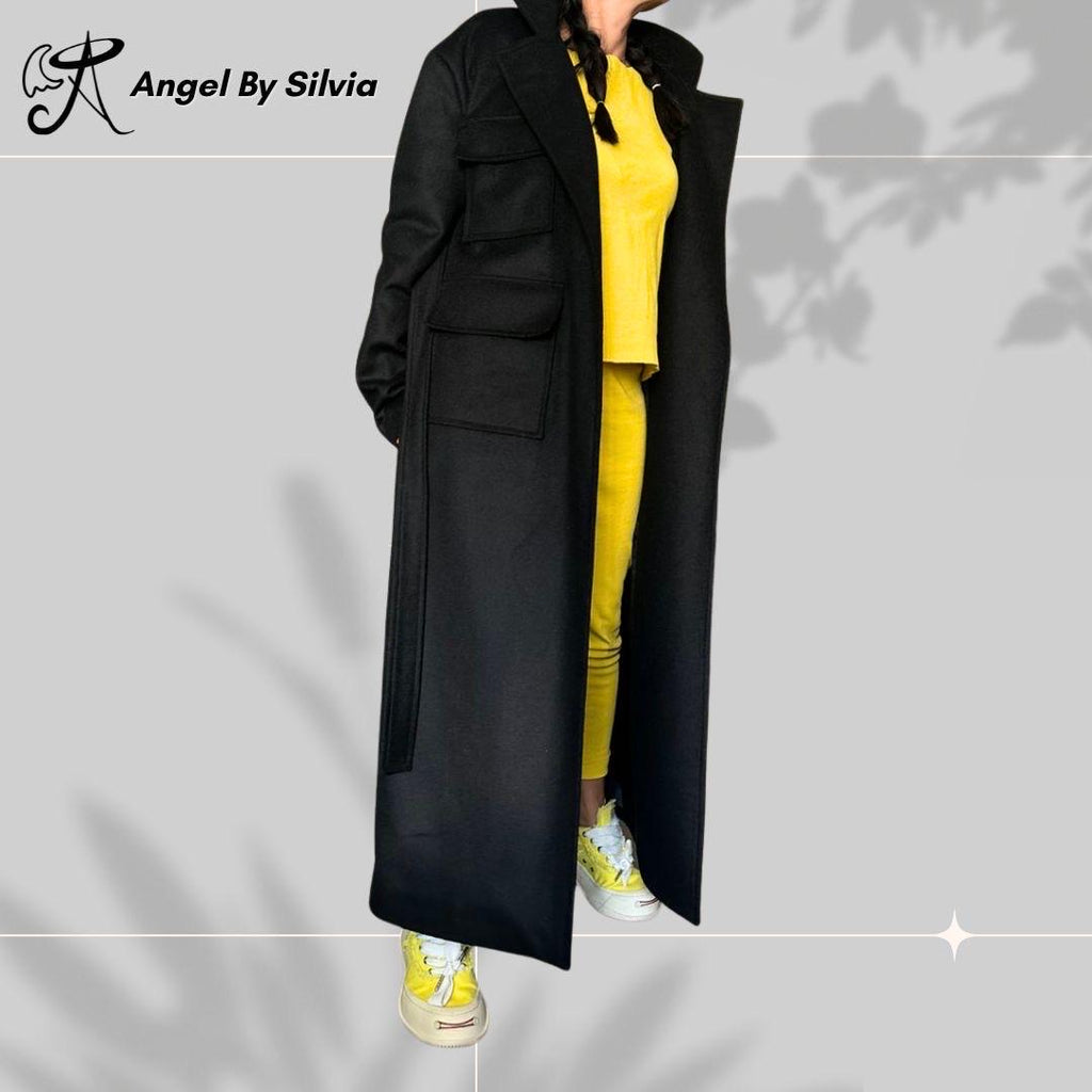 Black Wool Blend Belted Trench Coat: Classic Winter Style