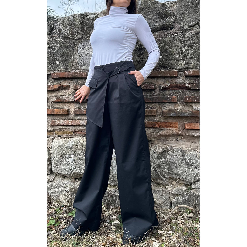 High Waist Black Wide-Leg Pants with Wrap Belt – Cotton Textured Urban Trousers