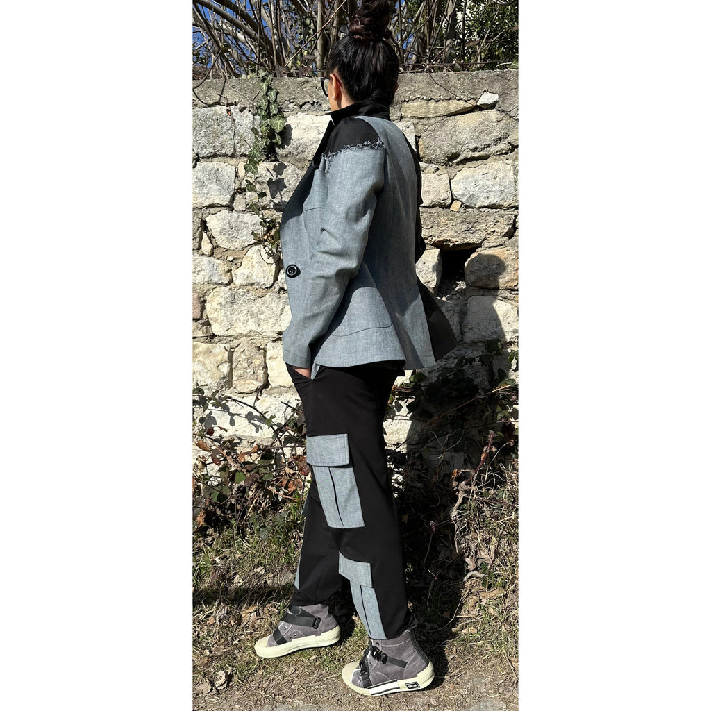 Women’s Two-Piece Suit – Cotton & Denim Blazer and Pants Set / Asymmetric Urban Style