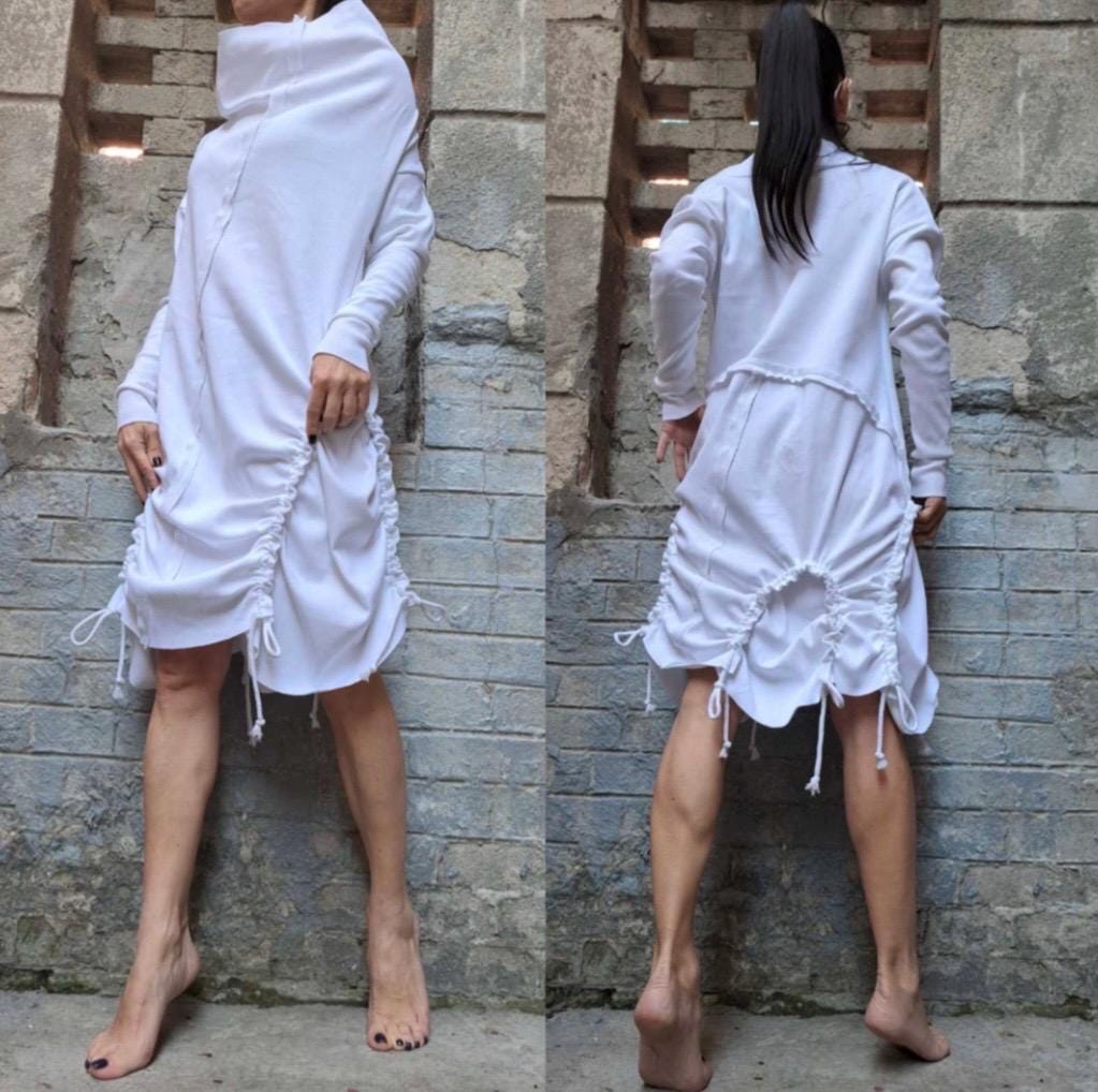 Black Asymmetric Tunic Dress – Long Sleeve High Collar Cotton Rib Dress with Adjustable Drawstrings / XS–5XL