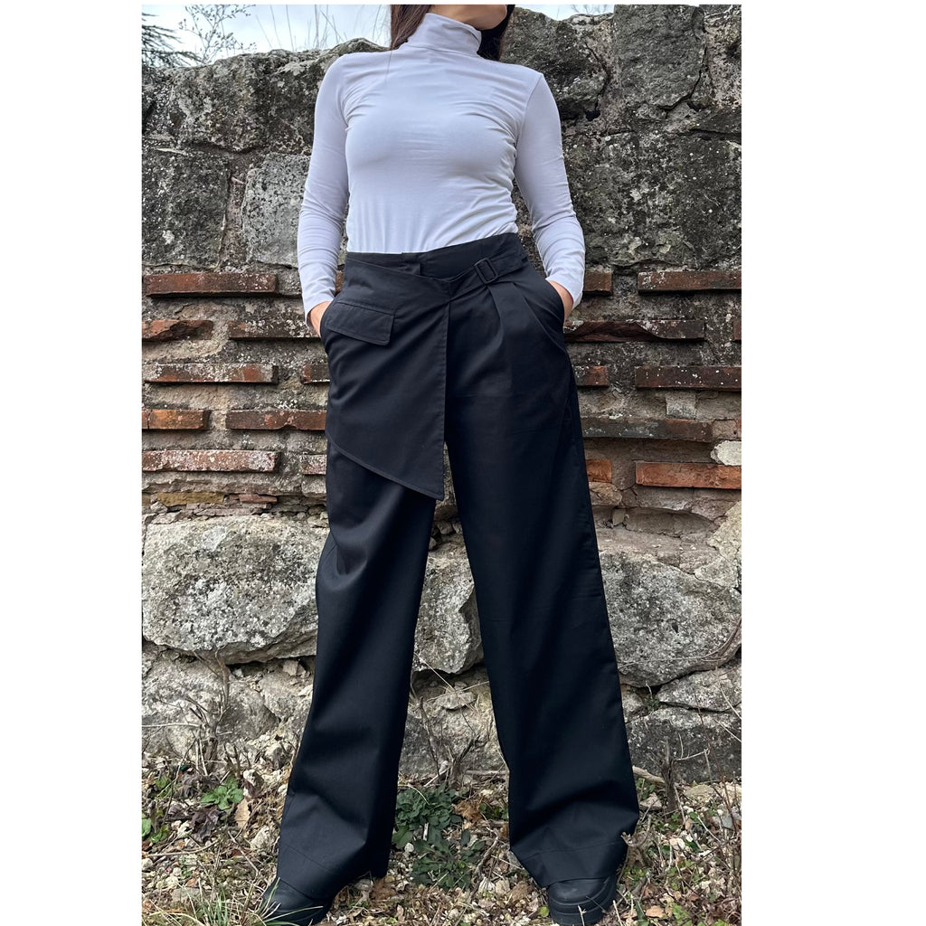 High Waist Black Wide-Leg Pants with Wrap Belt – Cotton Textured Urban Trousers