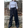 High Waist Black Wide-Leg Pants with Wrap Belt – Cotton Textured Urban Trousers