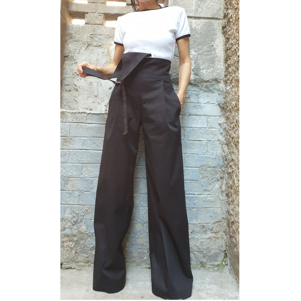 Black High Waist Wide Leg Pants – Asymmetrical Strap Detail, Designer Cotton Trousers with Pockets