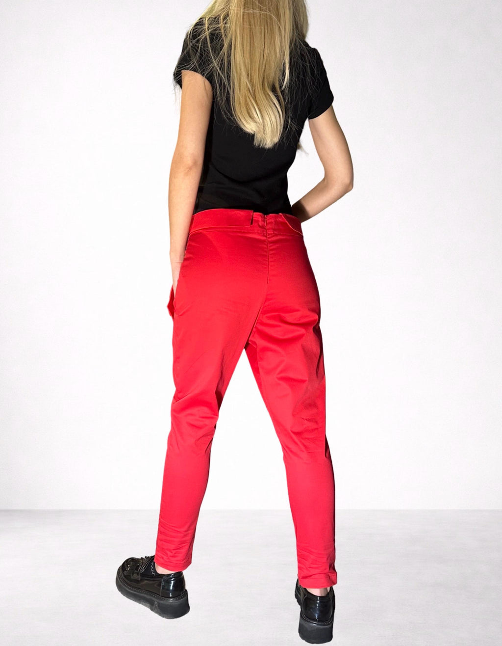 Red Cotton Pants with Asymmetrical Front Detail / Front Pockets / Casual Drop Crotch Trousers