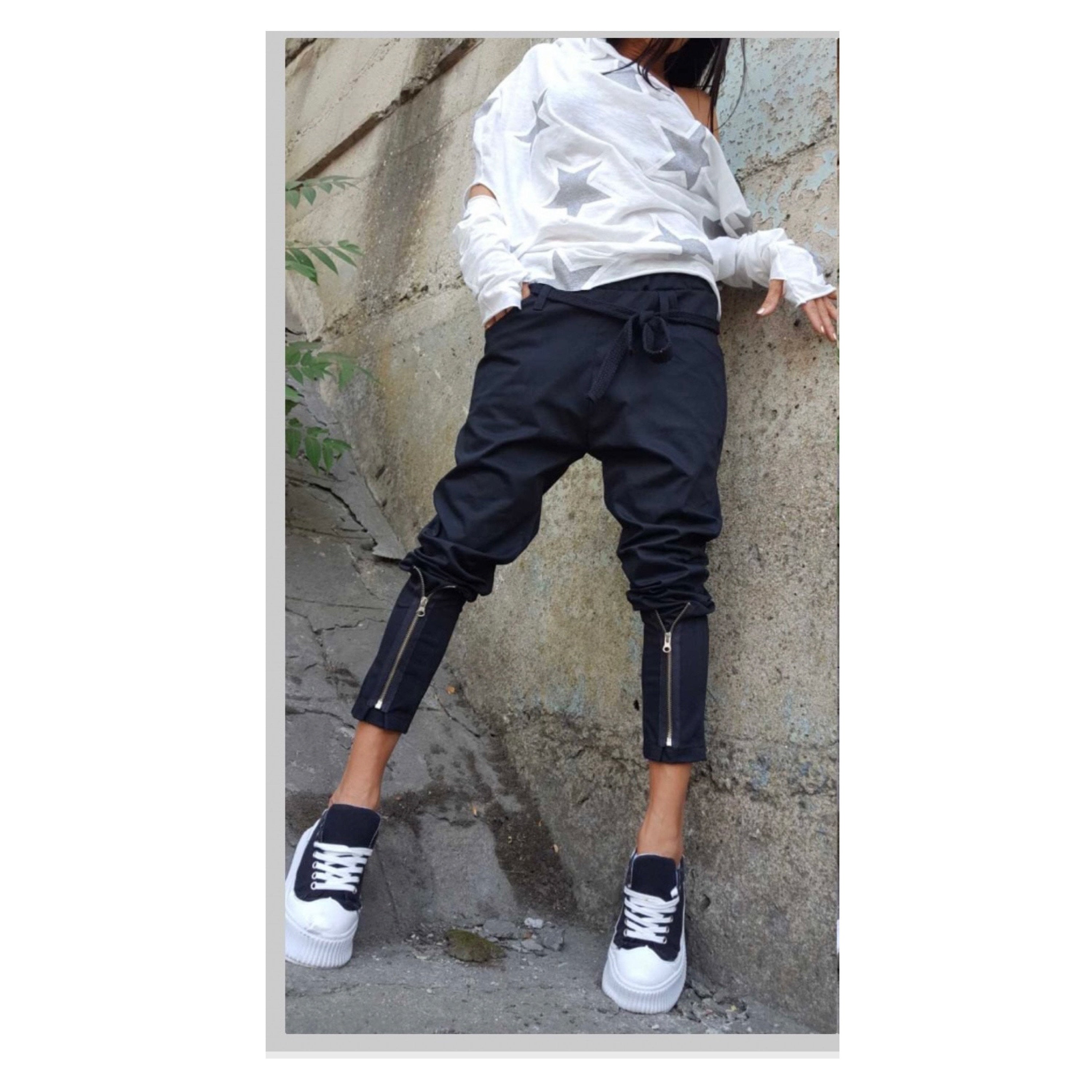 Street Style Black Cotton Pants – Urban Zipper Detail Joggers with Elastic Waist