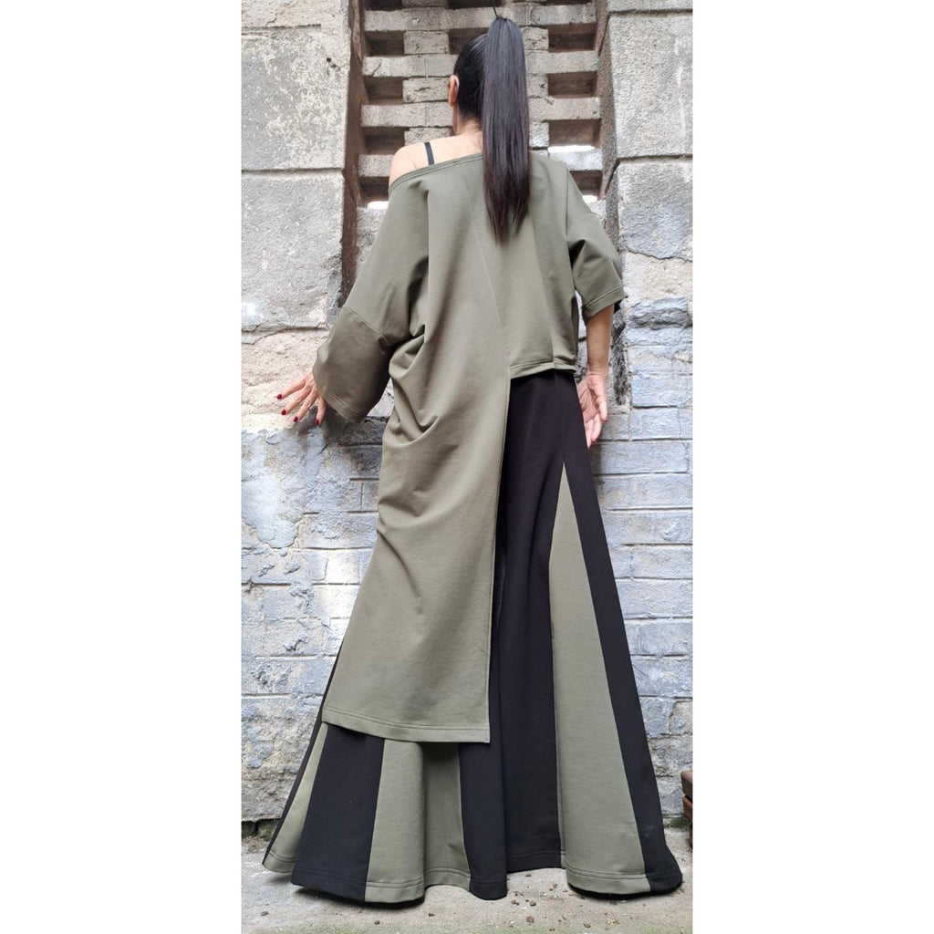 Asymmetric Two-Piece Cotton Set – Wide-Leg High-Waist Pants & Oversized Short-Sleeve Top / Avant-Garde Women’s Outfit XS-5XL
