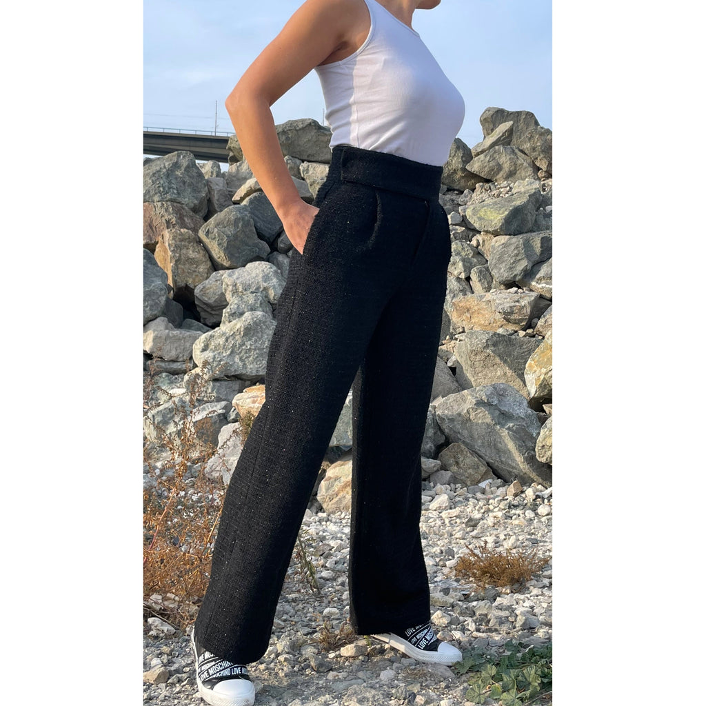 Black Tweed Wide-Leg Pants – High Waist Bouclé Trousers with Side Pockets
