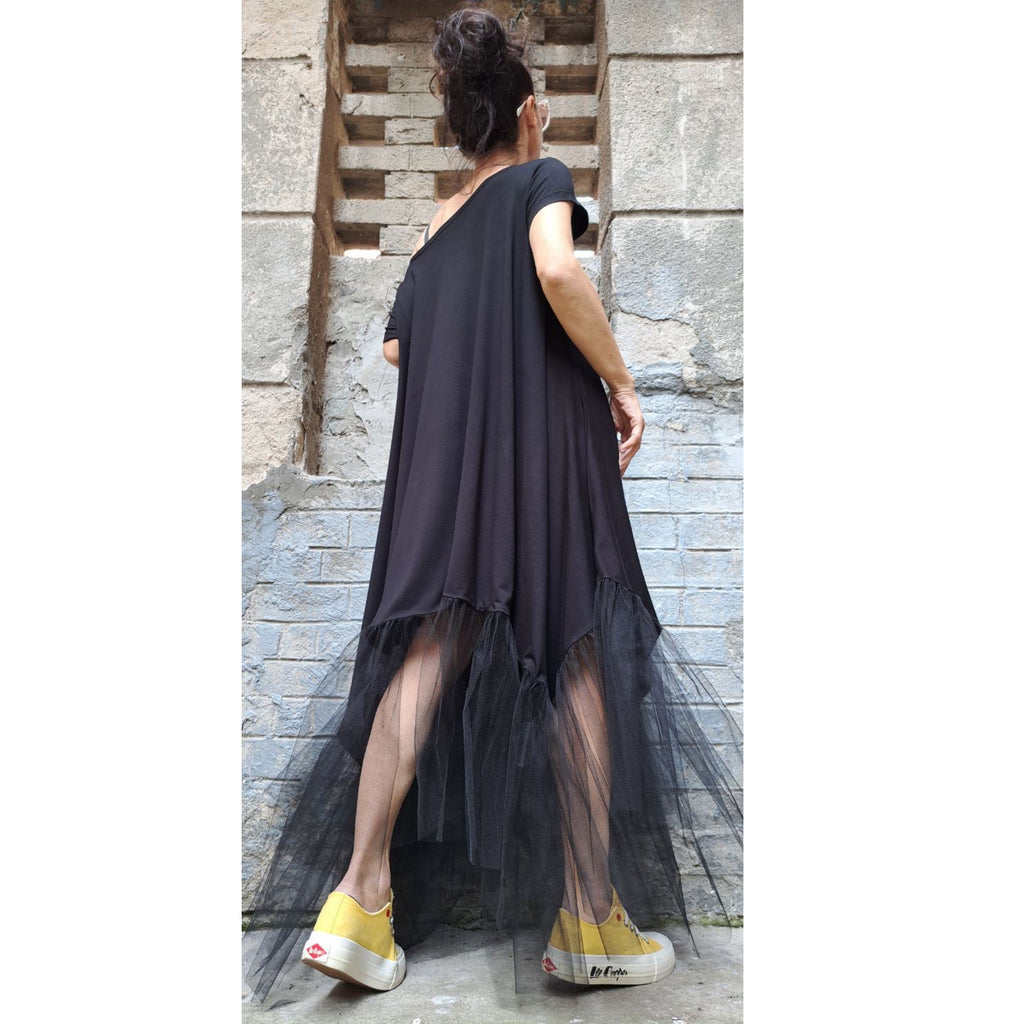 Black Asymmetrical Tulle Dress – Oversized Cotton Maxi Dress with Mesh Hem / Avant-Garde Loose Dress / Short Sleeve Kaftan  XS–5XL
