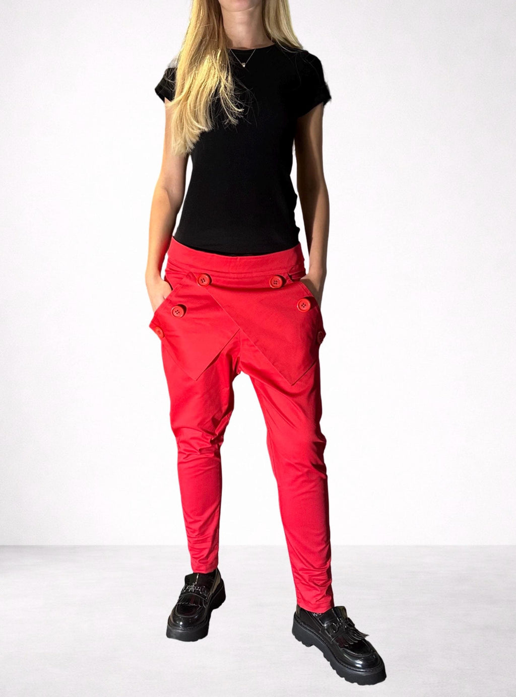 Red Cotton Pants with Asymmetrical Front Detail / Front Pockets / Casual Drop Crotch Trousers
