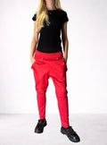 Red Cotton Pants with Asymmetrical Front Detail / Front Pockets / Casual Drop Crotch Trousers