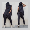 Black Avant-Garde Harem Set / Sleeveless Hooded Top with Zipper & Loose Harem Pants / Urban Cotton Outfit