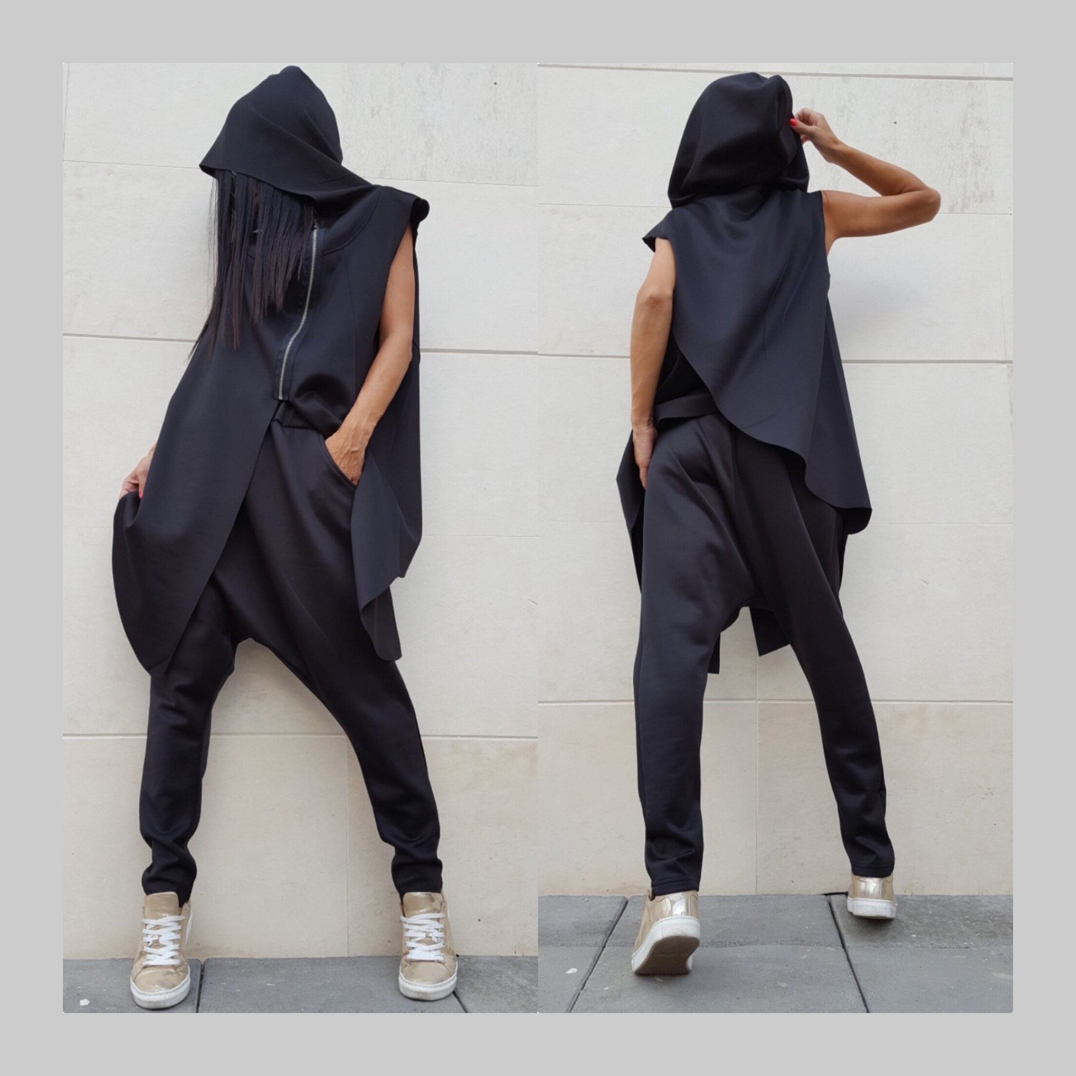 Black Avant-Garde Harem Set / Sleeveless Hooded Top with Zipper & Loose Harem Pants / Urban Cotton Outfit