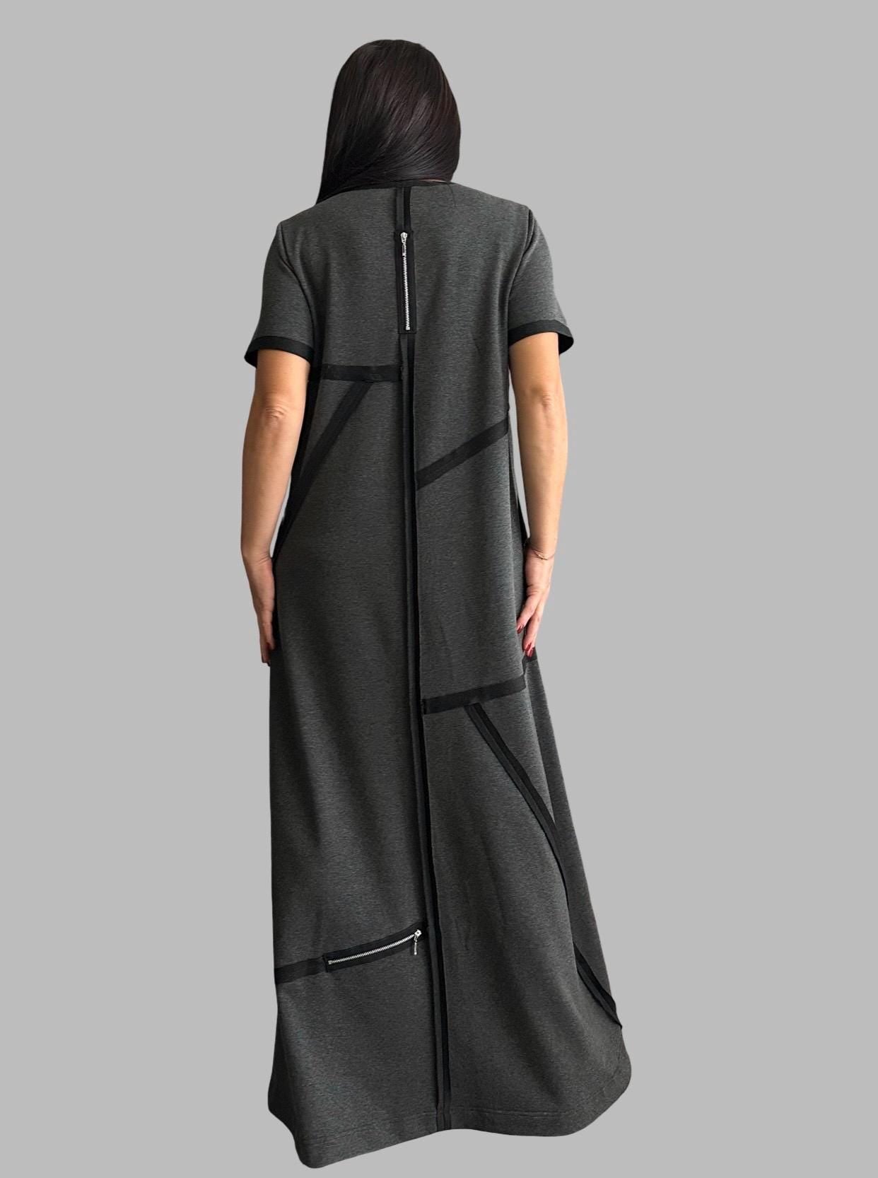 Modern Asymmetrical Maxi Dress / Cotton Urban Dress with Zipper