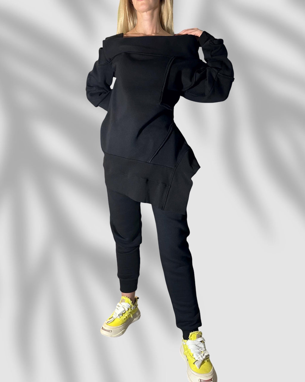 Black Winter Tracksuit for Women – Asymmetric Off-Shoulder Sweatshirt & High-Waist Joggers / Thick Three-Thread Fleece Designer Set / Warm T