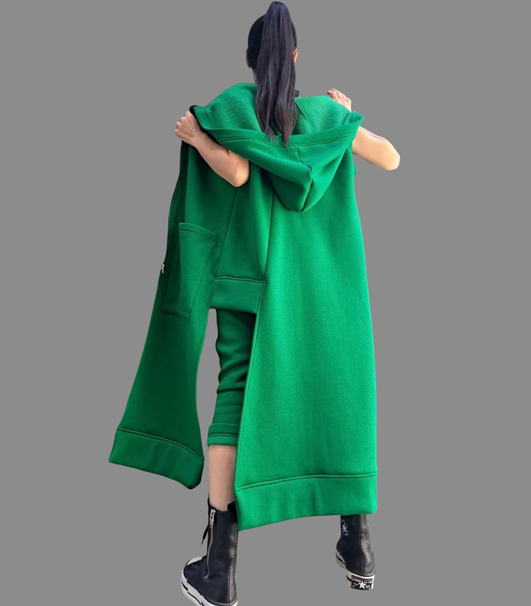 Asymmetric Green Vest & Pants Set / Winter Cotton Outfit with Hood / Three-Thread Fleece Tracksuit / Designer Women’s Set XS–5XL