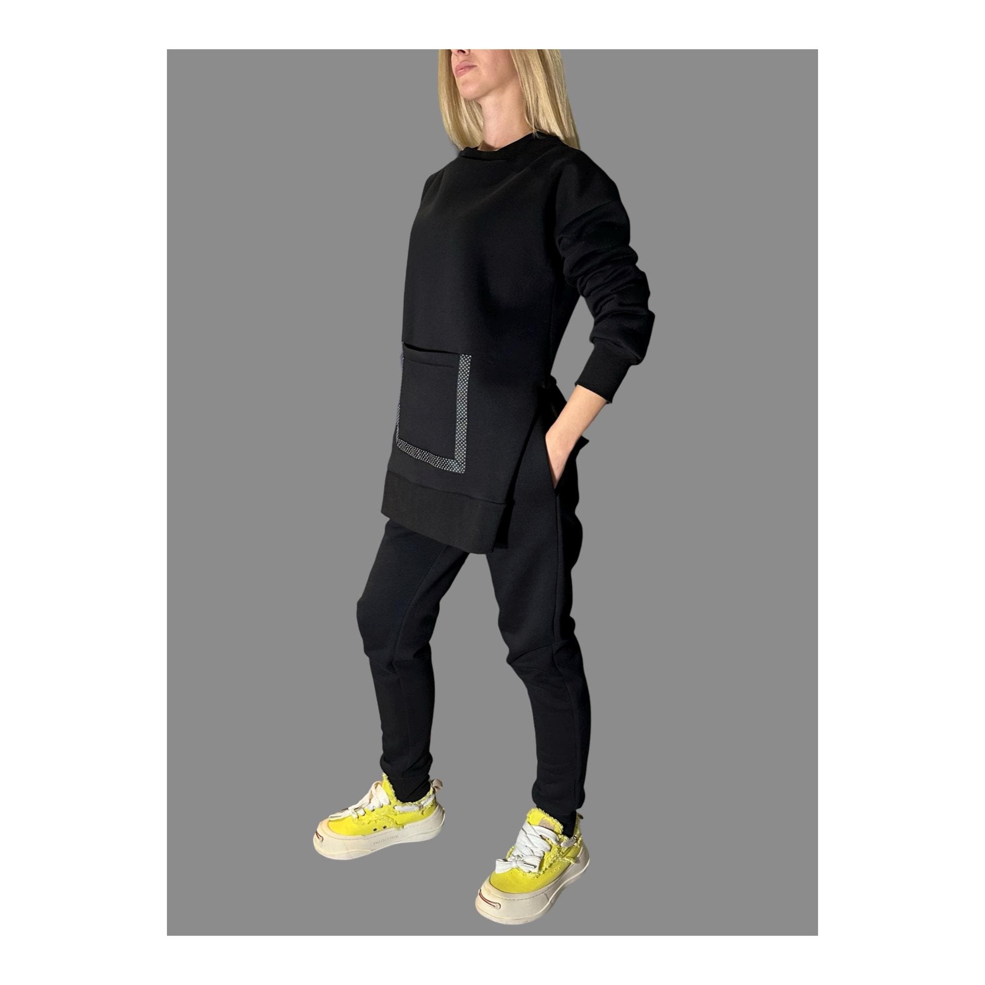 Women’s Winter Fleece Set – Asymmetric Sweatshirt & High-Waisted Joggers / Thick Three-Thread Cotton Tracksuit / Warm Black Two-Piece Outfit