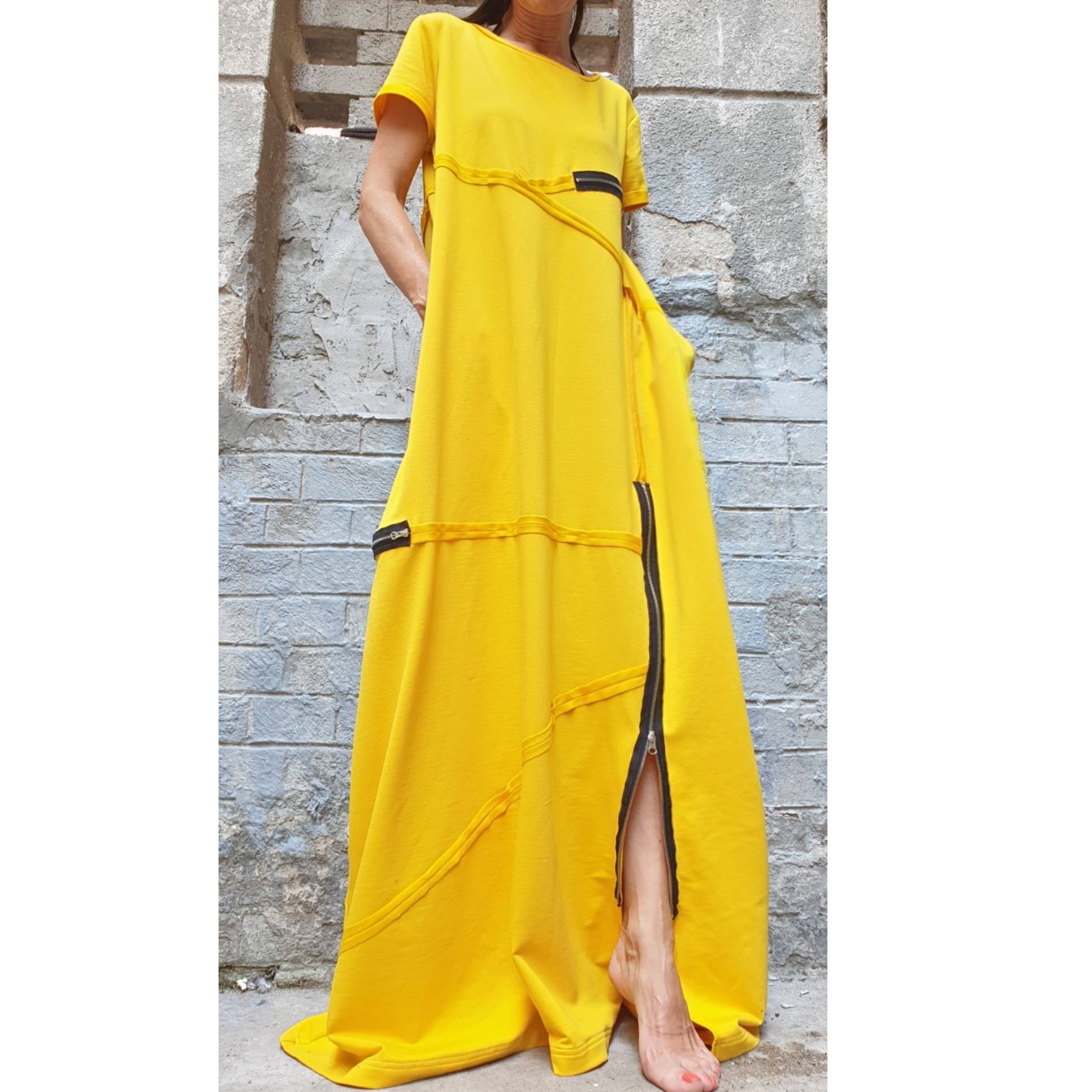 Yellow Maxi Dress – Loose Cotton Dress with Zippers / Short Sleeve Avantgarde Dress / Oversized Summer Dress / Designer Long Dress