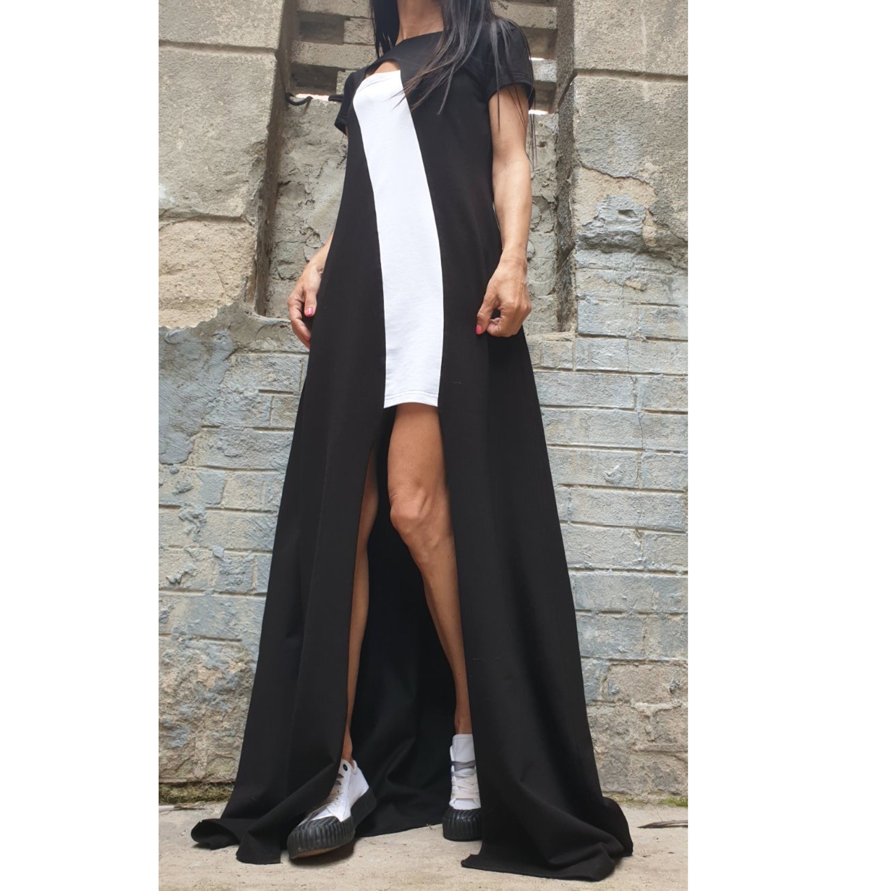 Asymmetric Maxi Black Dress – Long Cotton Dress with Side Slit / Urban Elegant Evening Dress / Short Sleeve Summer Dress