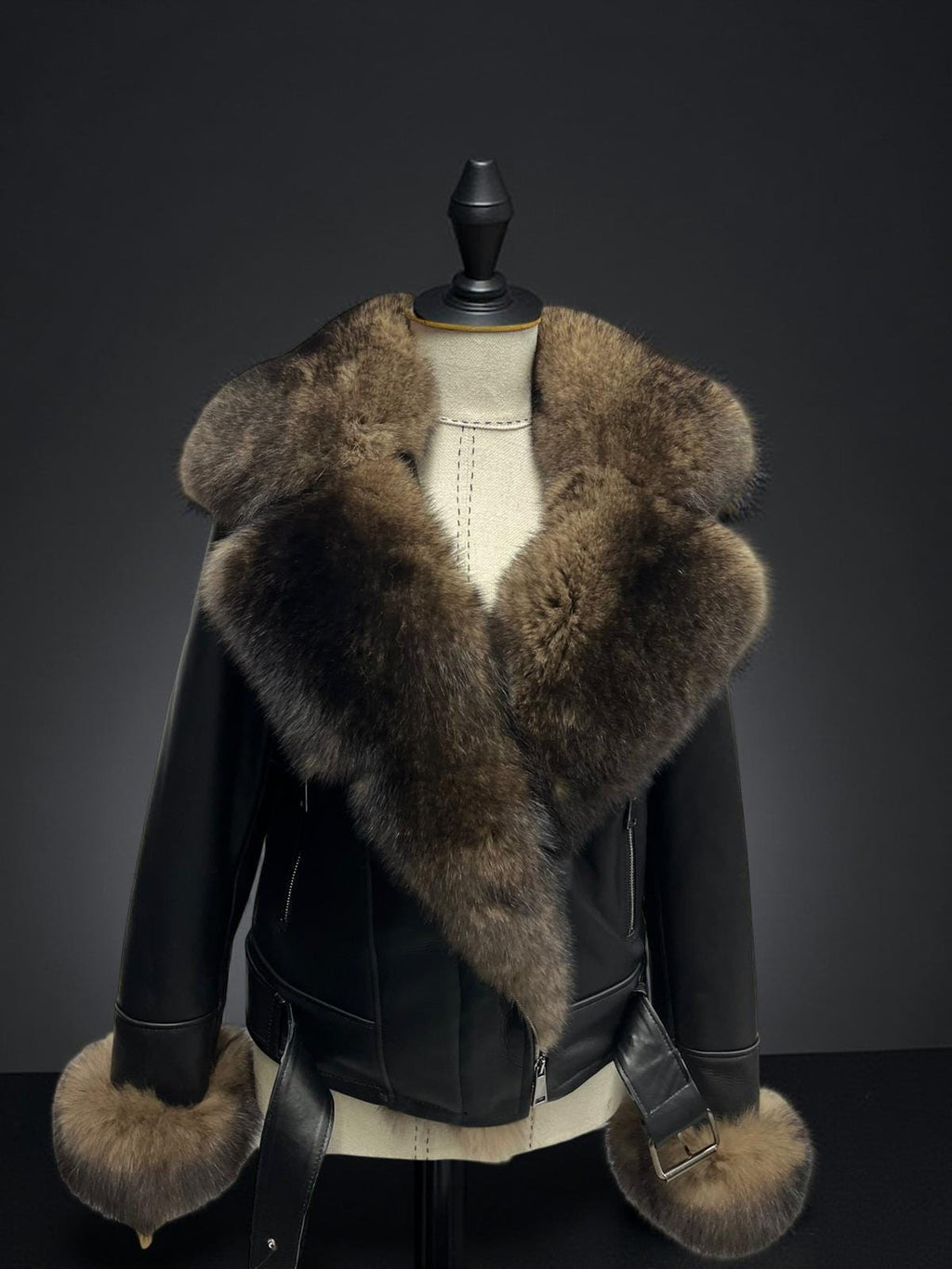 Women’s Winter Leather Coat with Large Fox Fur Collar