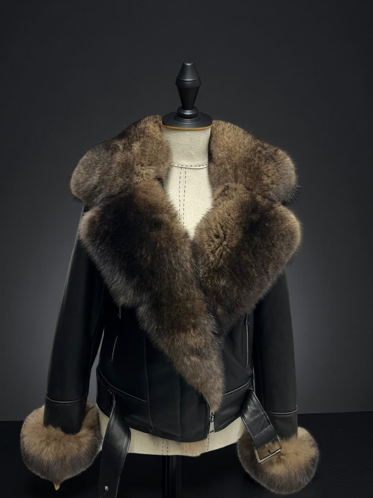 Women’s Winter Leather Coat with Large Fox Fur Collar