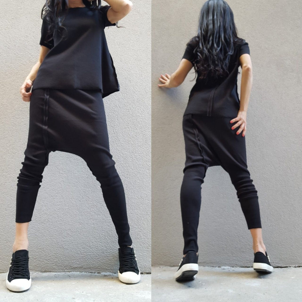 Black Cotton Ribbed Set – Asymmetric Top & Drop Crotch Pants / Urban Avant-Garde Outfit