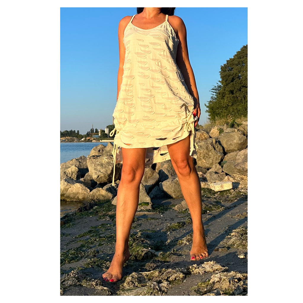 Asymmetric Cotton Summer Dress – Sleeveless Tunic with Drawstring Details