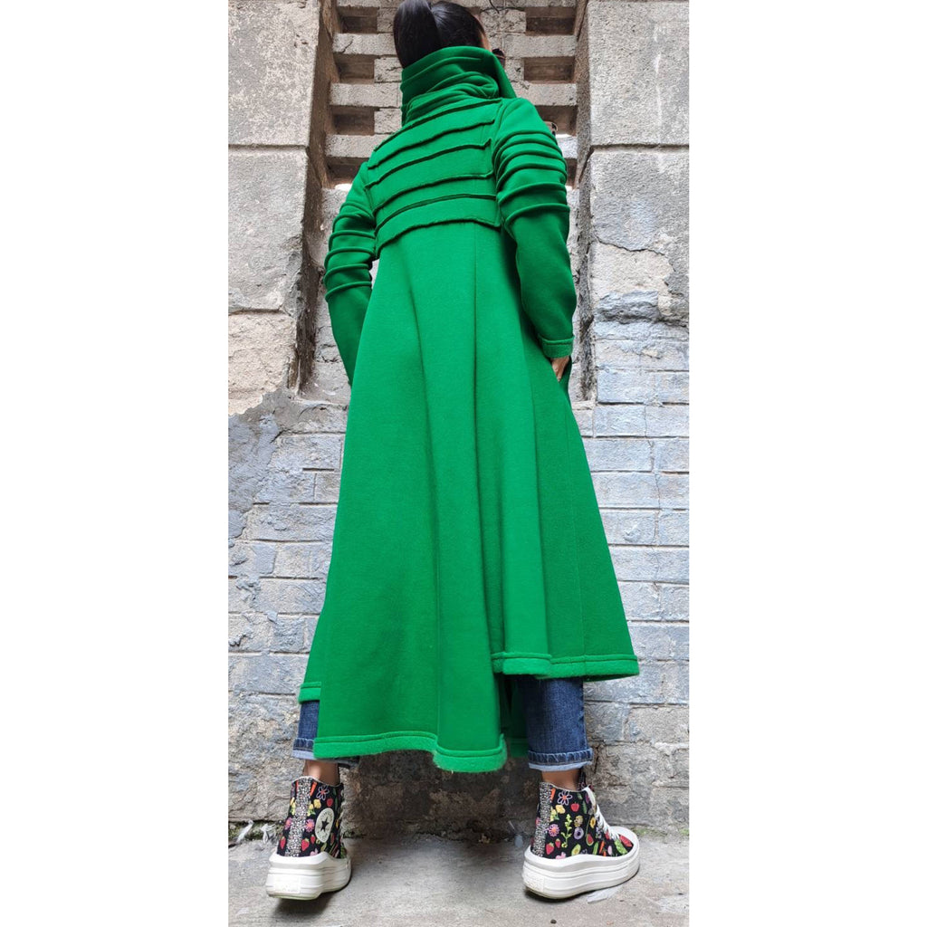 Avant-Garde Green Winter Coat for Women – Asymmetric Fleece Maxi Coat with High Collar / Long Warm Coat / Designer Statement Outerwear