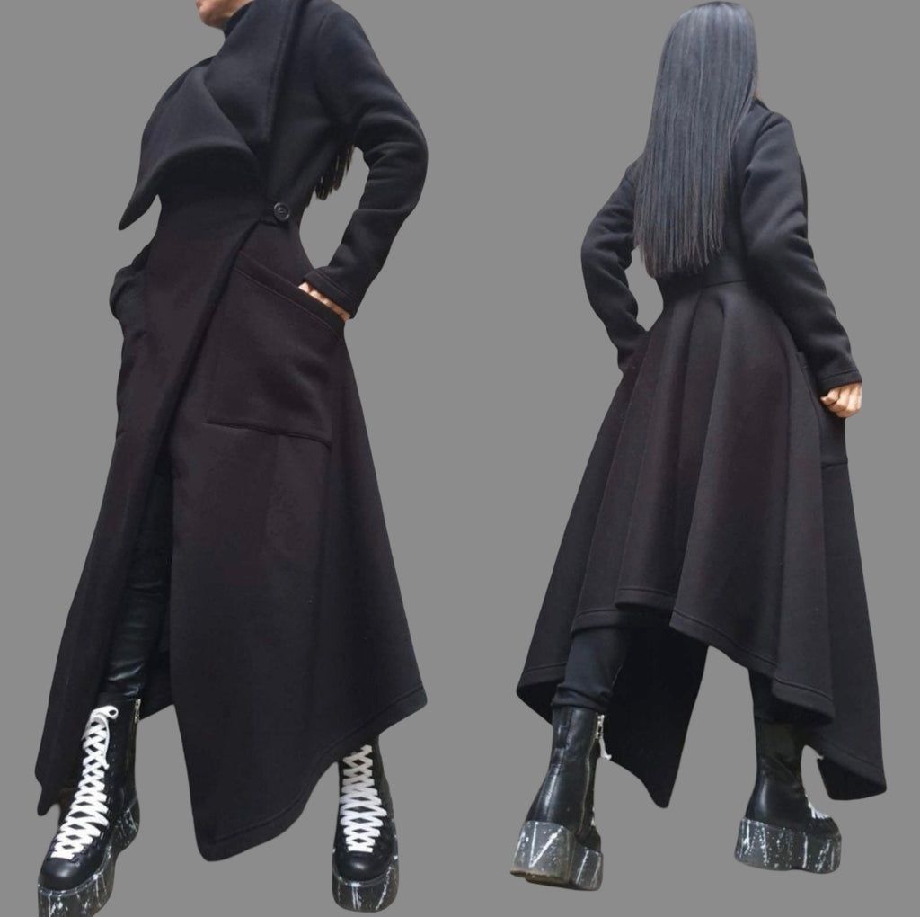 Women’s Asymmetric Fleece Coat – High Collar, Side Pockets, Button Closure – Black Avant-Garde Jacket
