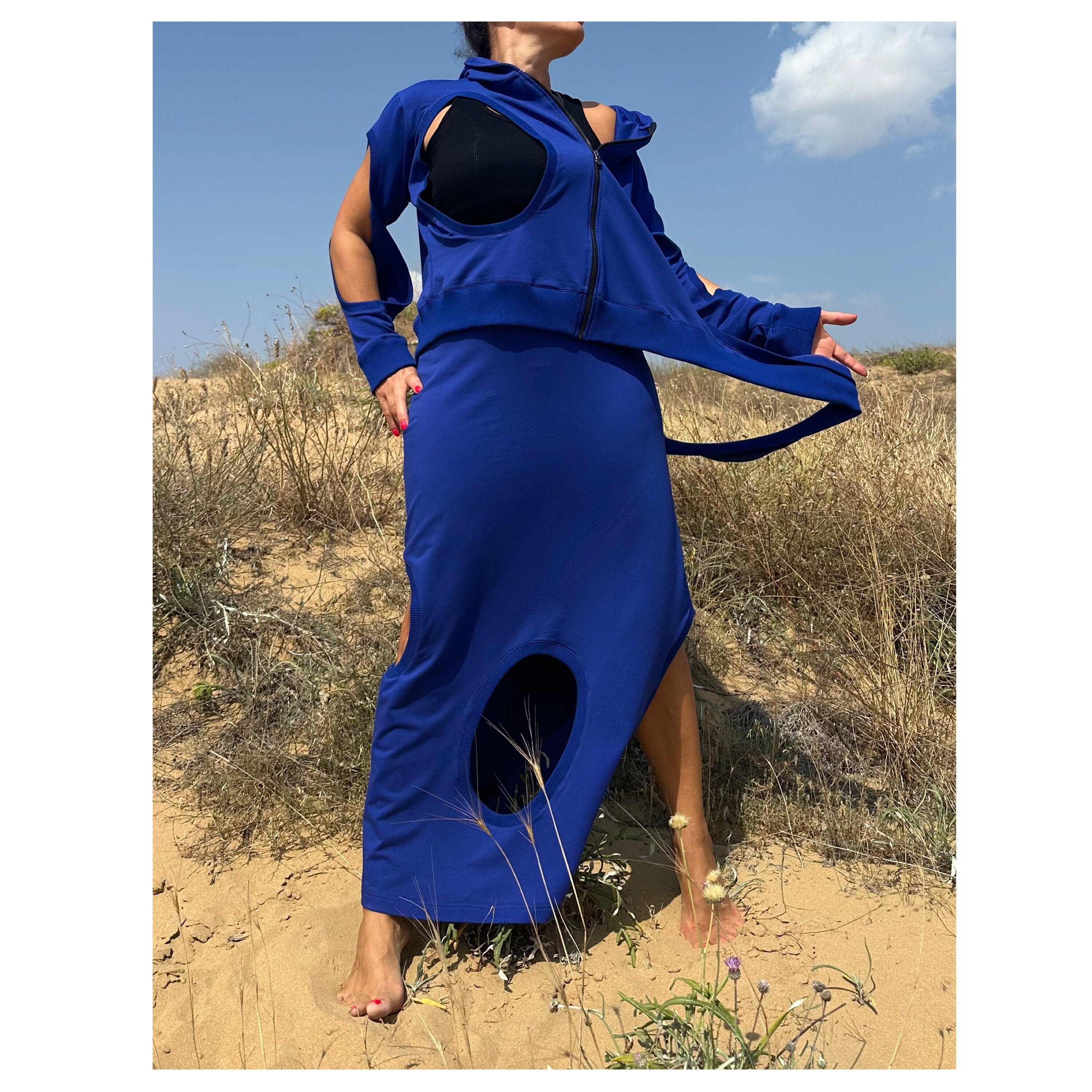 Asymmetric Cut-Out Skirt and Hoodie Set / Handmade Cotton Two-Piece Outfit / Avantgarde Streetwear