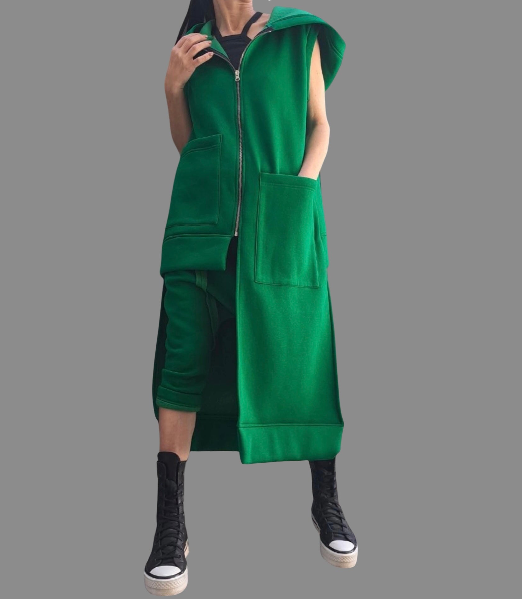Asymmetric Green Vest & Pants Set / Winter Cotton Outfit with Hood / Three-Thread Fleece Tracksuit / Designer Women’s Set XS–5XL