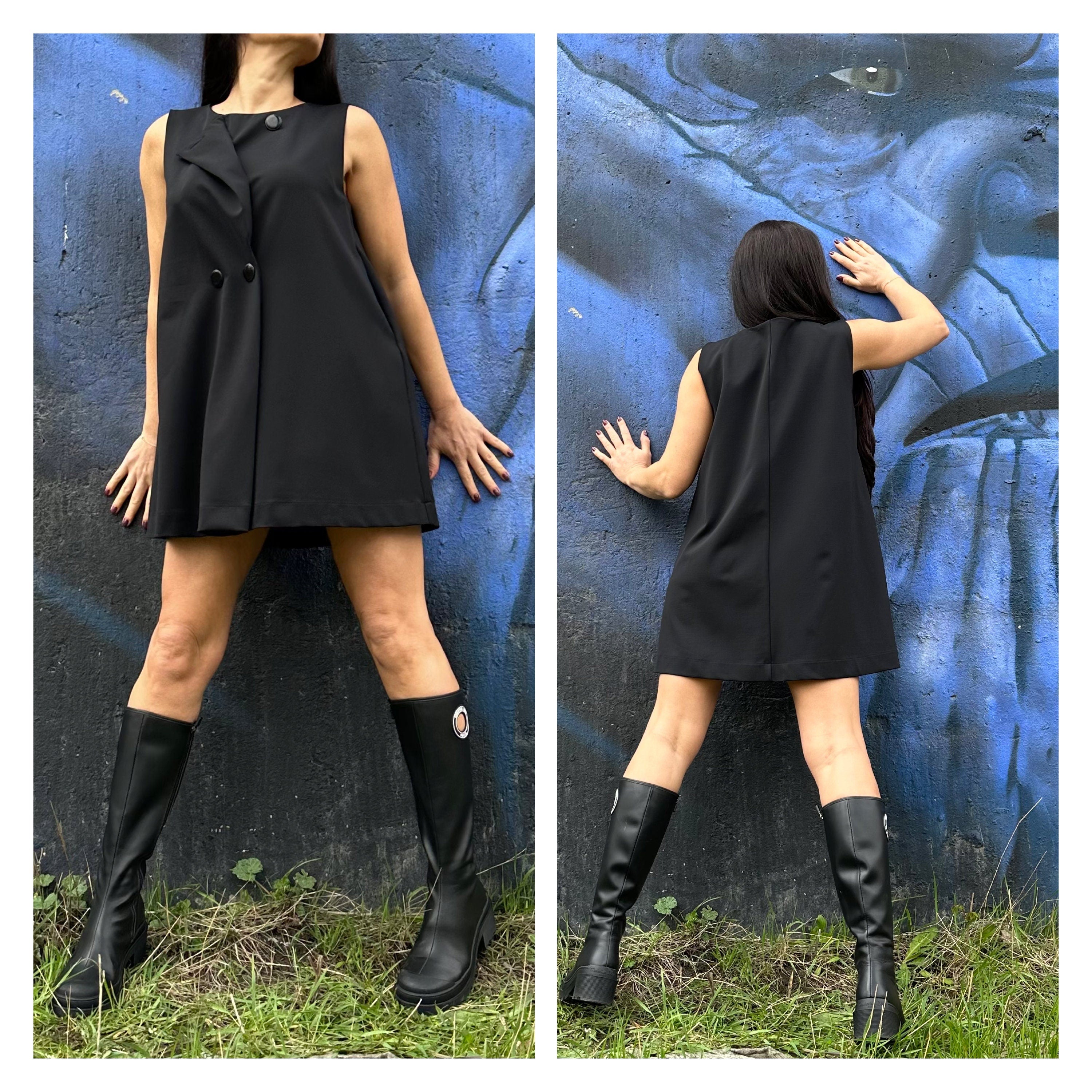 Summer Sleeveless Black Cotton Tunic / Minimalist A-Line Shift Dress