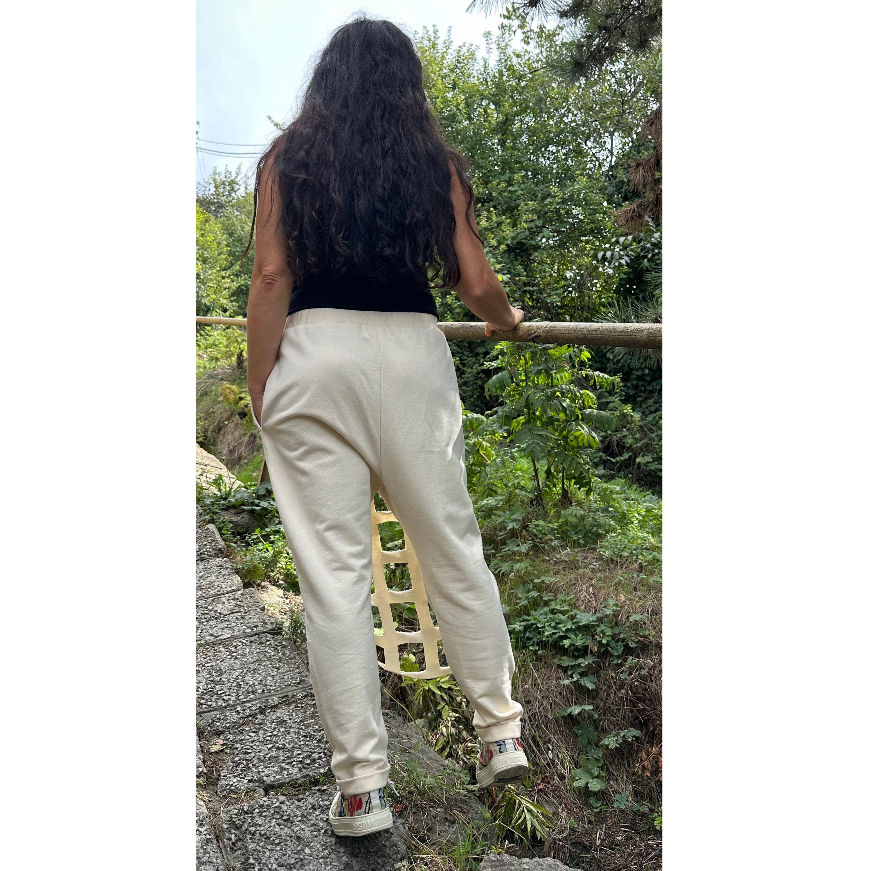 Hand-Cut Cotton Sweatpants – Artistic Grid Design with Elastic Waist and Pockets