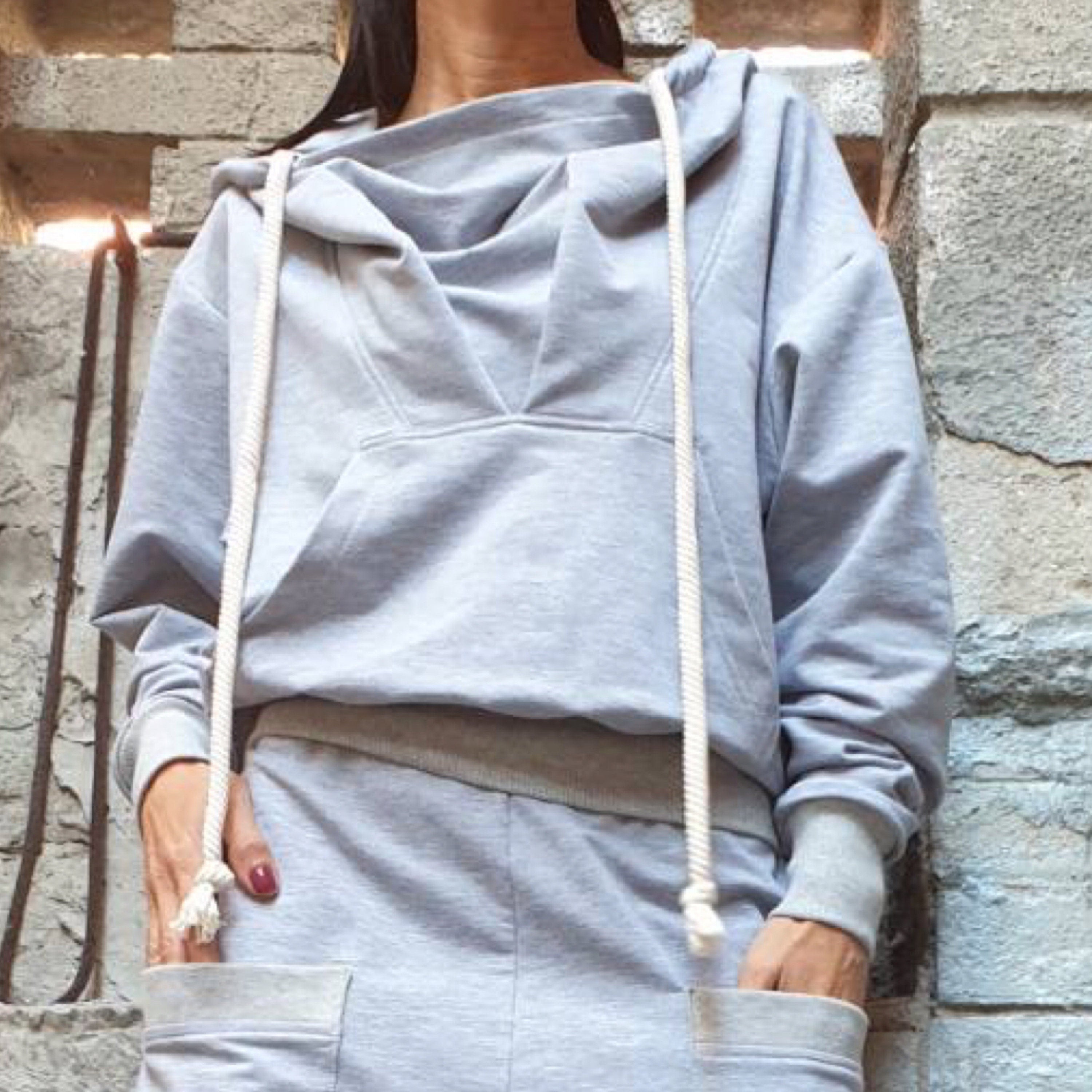 Cotton Hooded Blouse: Sport Elegant Grey Long Sleeve Top
