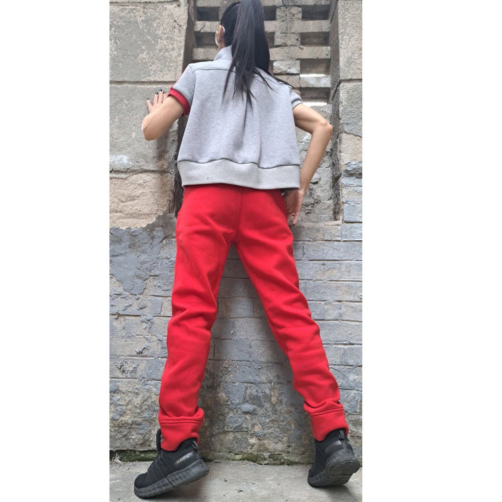 Red & Gray Tracksuit Set: High Waist Pants, Short Sleeve Top