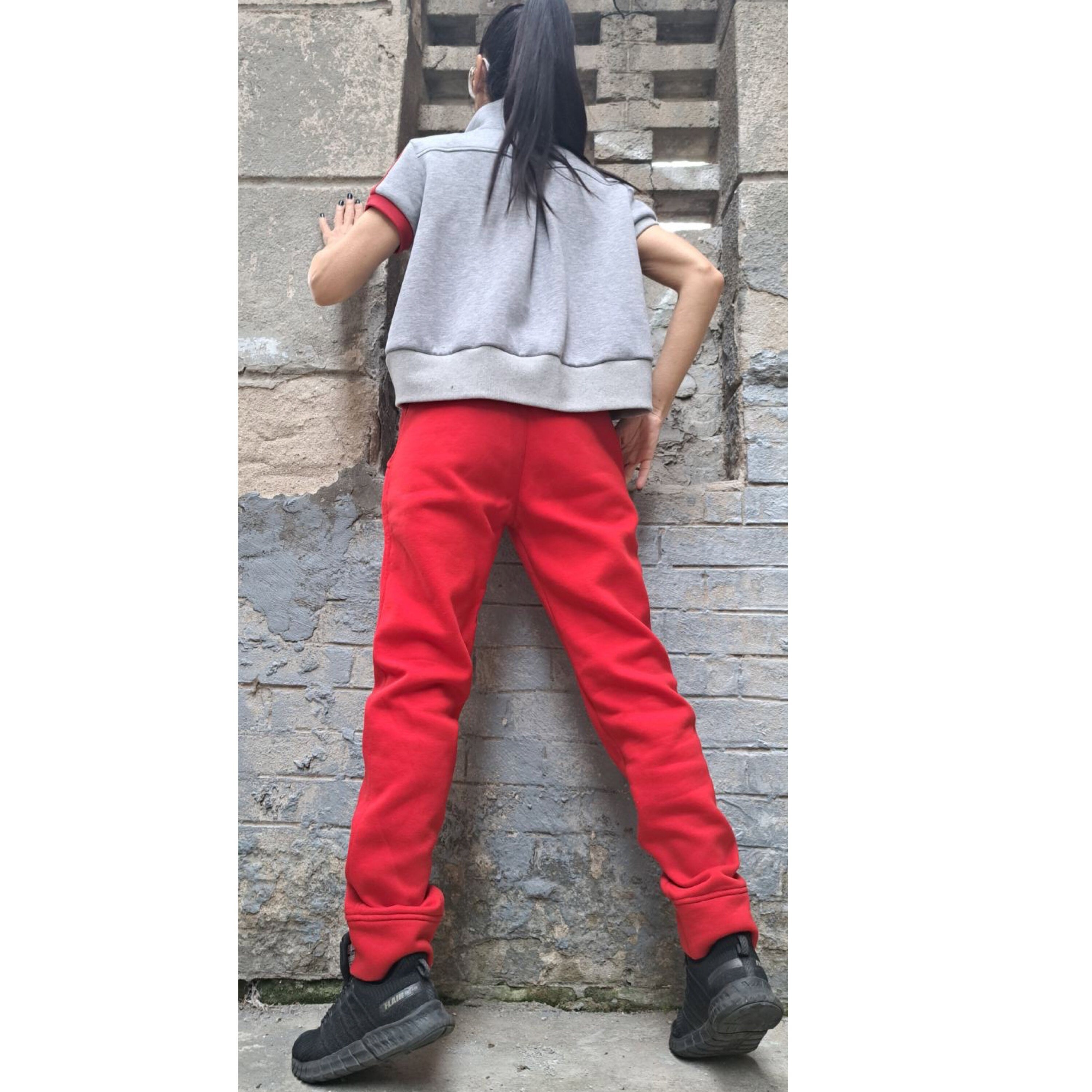 Red & Gray Tracksuit Set: High Waist Pants, Short Sleeve Top