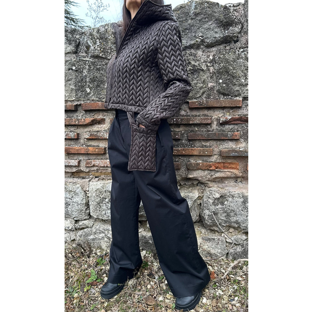 Brown Quilted Neoprene Jacket with Hood and Zipper – Asymmetric Designer Coat