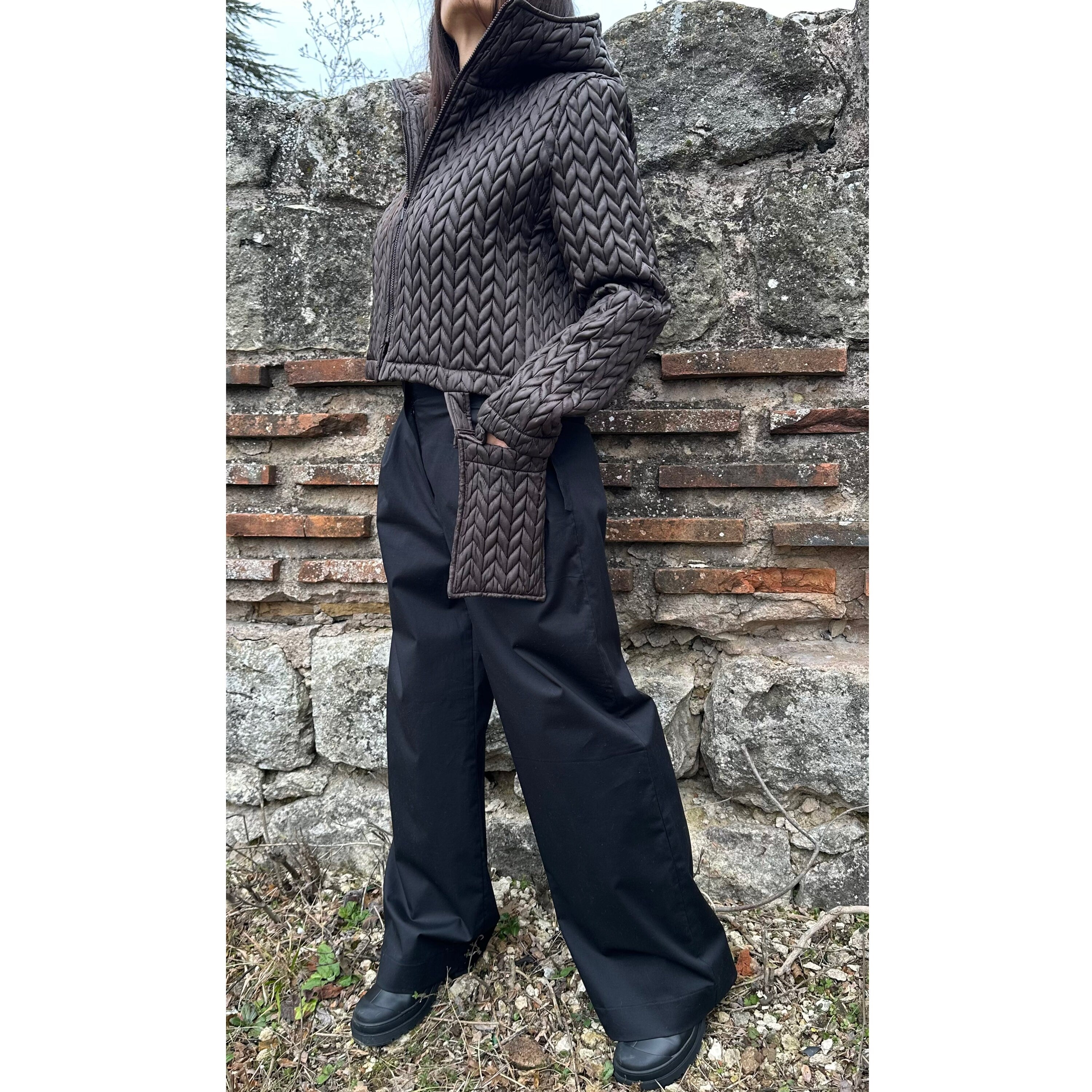 Brown Quilted Neoprene Jacket with Hood and Zipper – Asymmetric Designer Coat