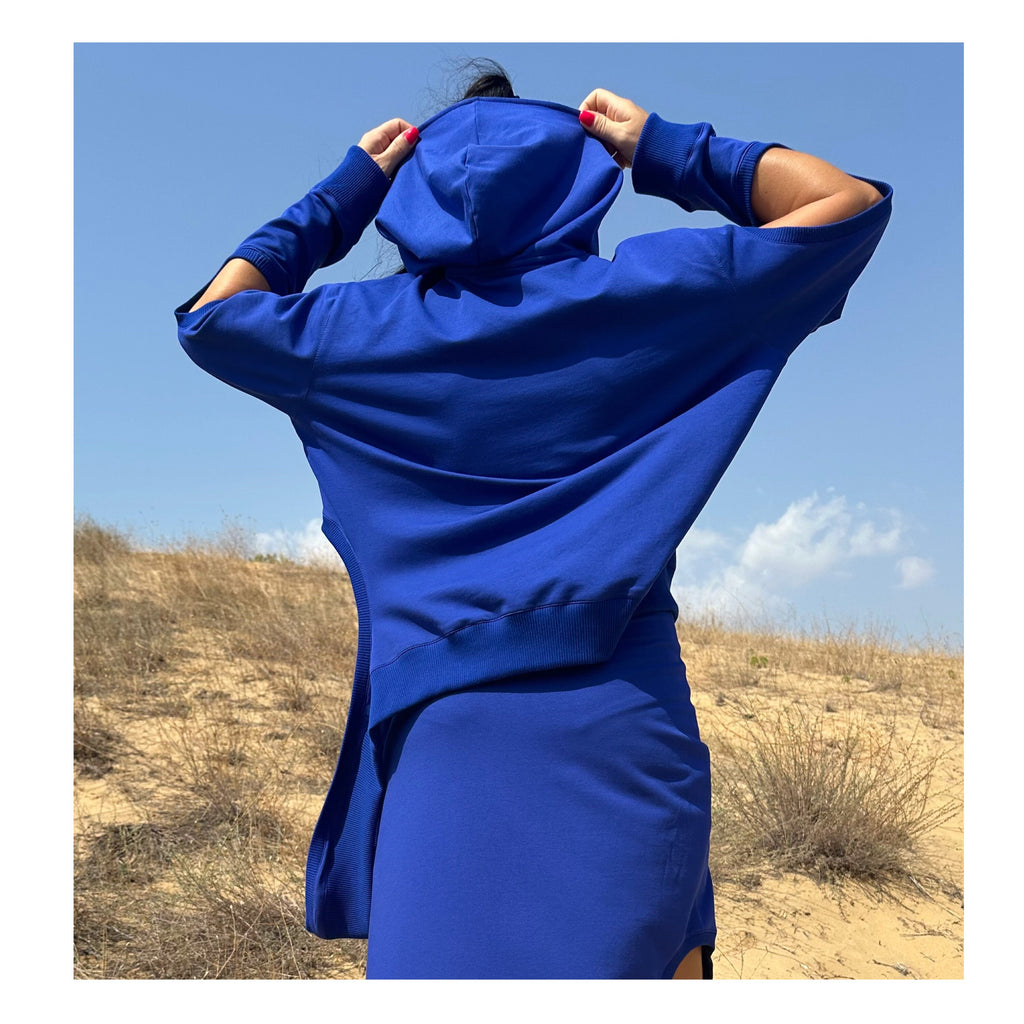Asymmetric Blue Hoodie with Zipper and Cut-Out Sleeves – Summer & Spring Streetwear