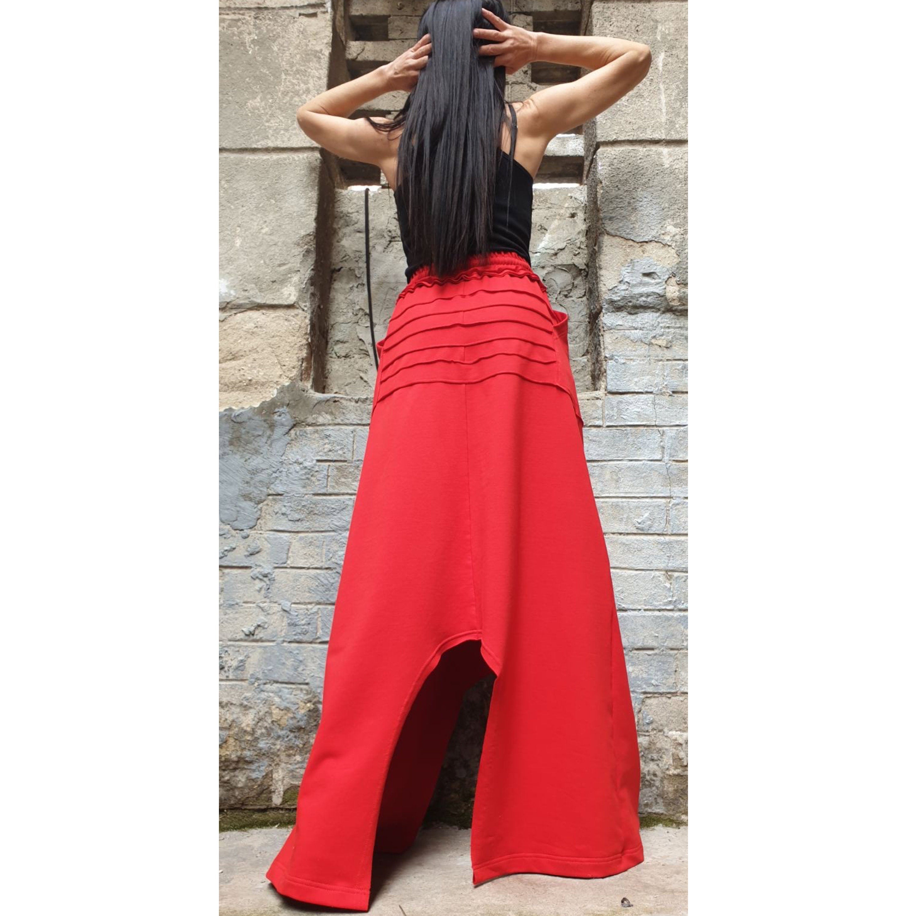 Asymmetrical Red Maxi Skirt / High Waist Cotton Skirt with Pockets / Avant-Garde Style