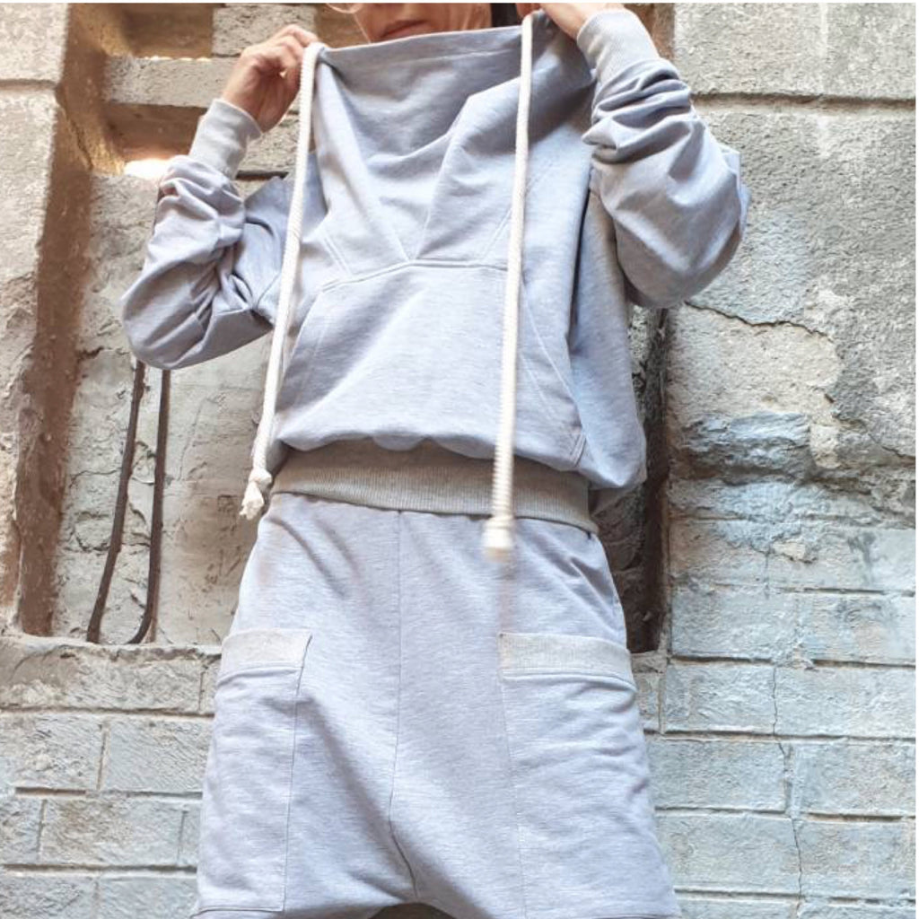 Cotton Hooded Blouse: Sport Elegant Grey Long Sleeve Top
