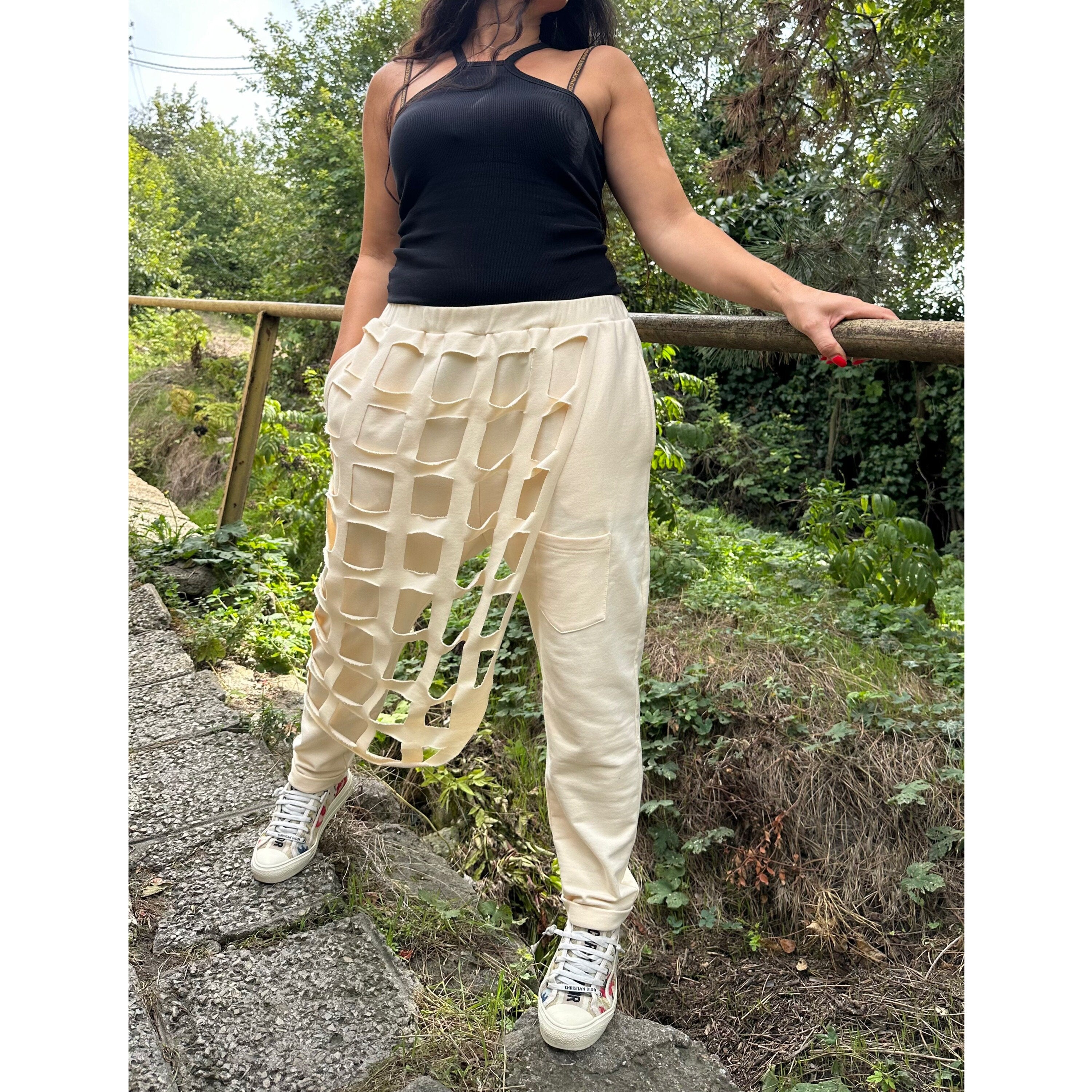 Hand-Cut Cotton Sweatpants – Artistic Grid Design with Elastic Waist and Pockets