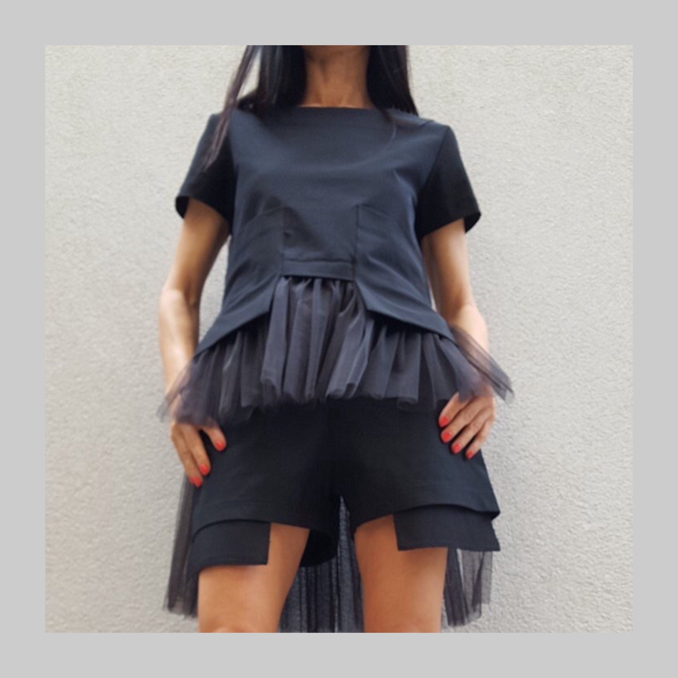 Asymmetric Black Cotton Blouse with Tulle Detail – Avant-Garde Short Sleeve Top